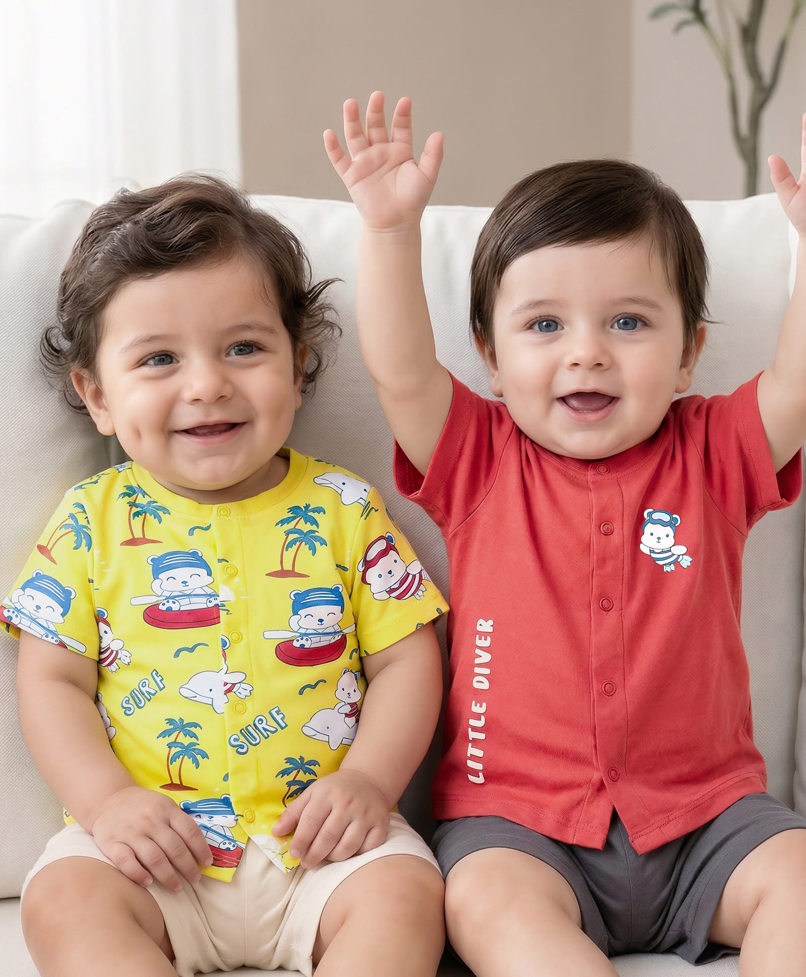Babyoye Eco Conscious 100% Cotton Biowashed with Eco-Jiva Finish Half Sleeves Jhabla With Beach Theme Print Pack of 2 - Yellow & Red-picture-31