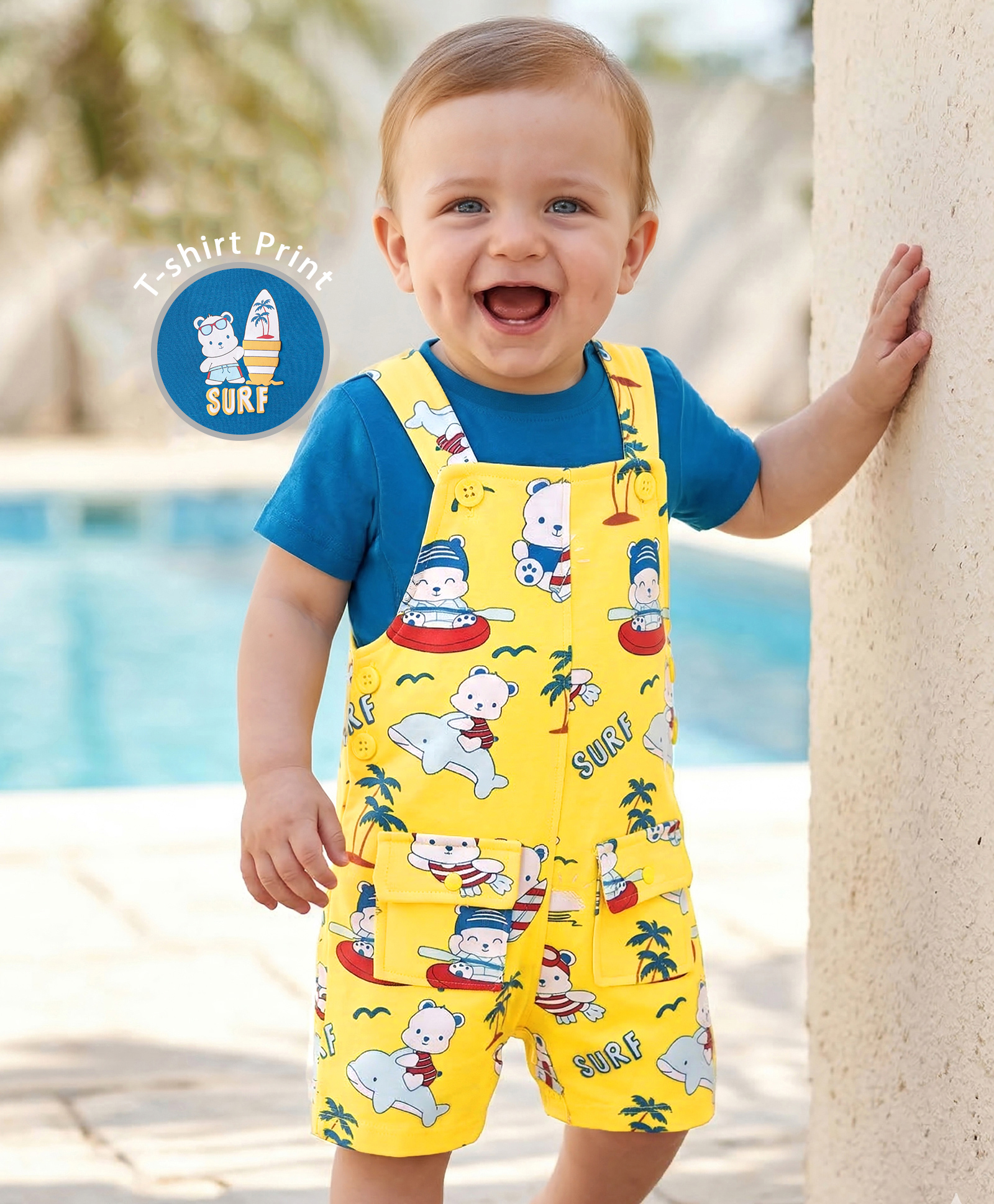 Babyoye 100% Cotton Knit With Eco Jiva Finish Half Sleeves Animal Printed T-Shirt & Dungaree - Blue & Yellow-image-29