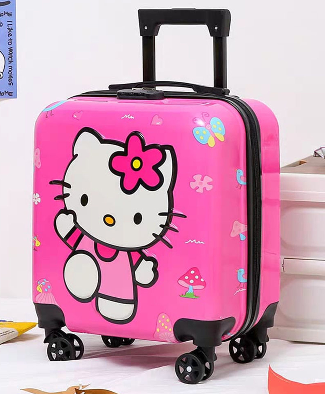 NAVRANGI Hello Kitty Kids' Trolley Suitcase, Pink, with Floral Prints and Butterfly Motifs-picture-1