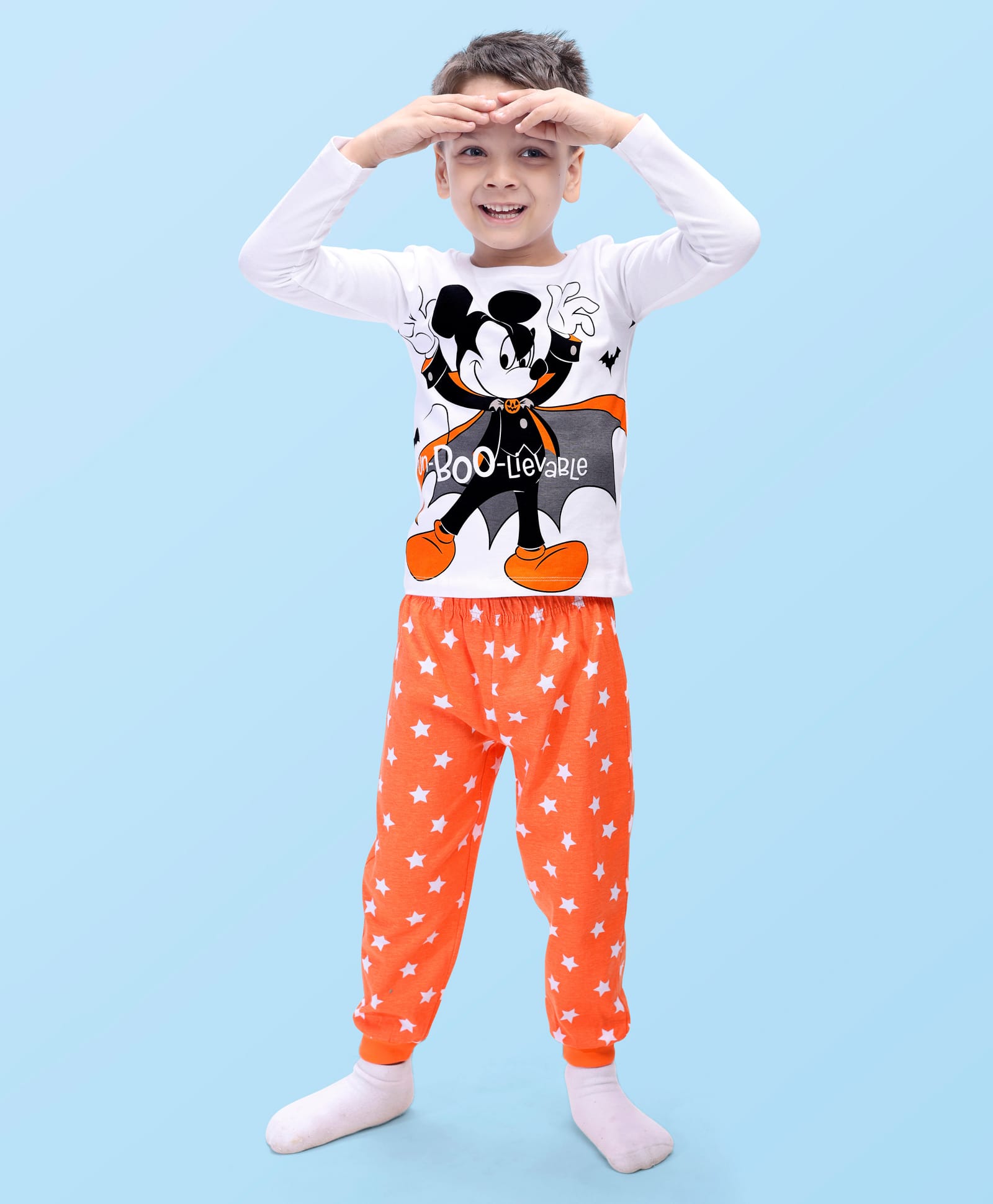 babyhug disney single jersey knit full sleeves mickey mouse & star printed night suit - coral & grey
