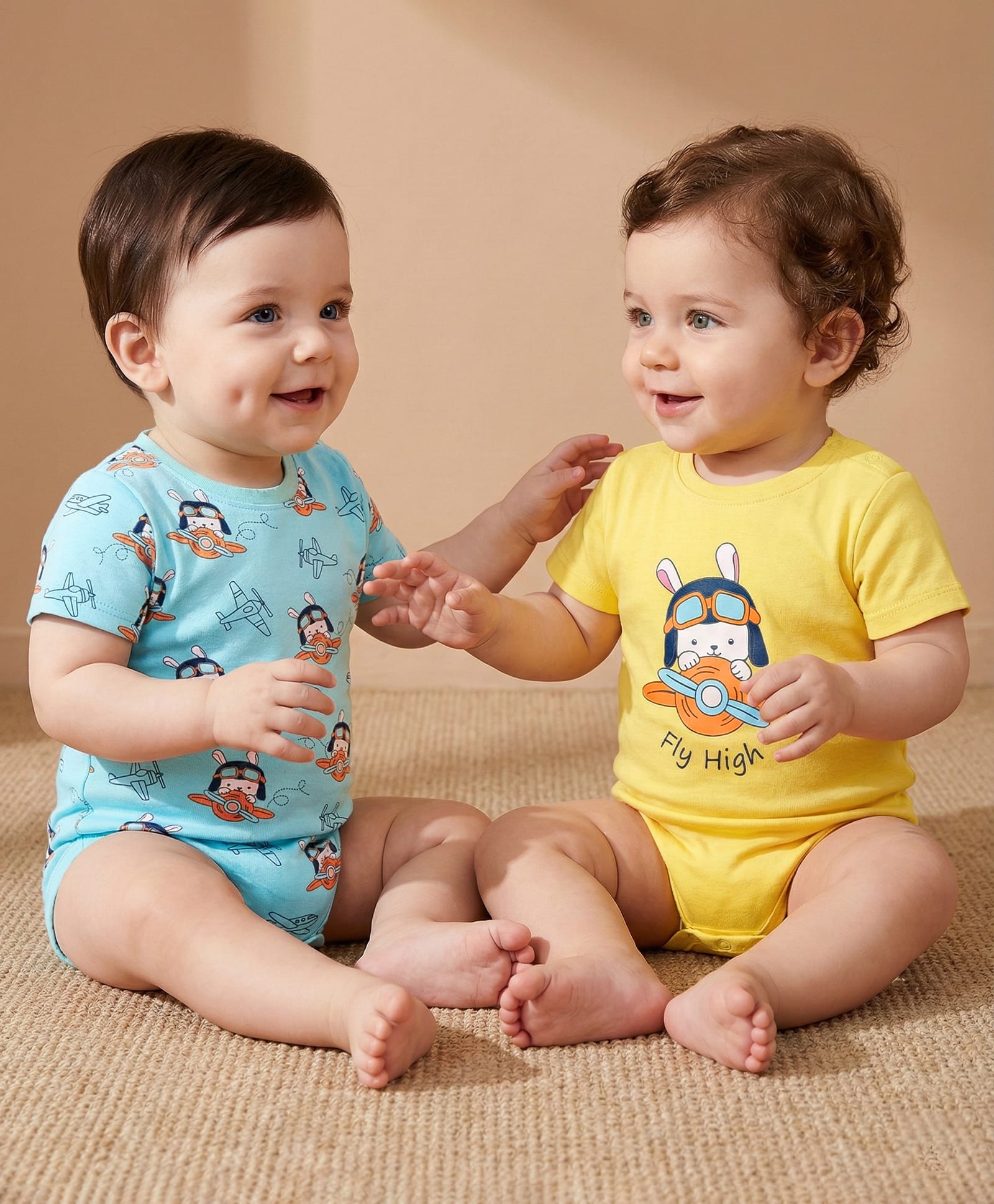 Babyoye Interlock Knit Half Sleeves Onesies With Animal Print Pack of 2 - Yellow & Blue-picture-31