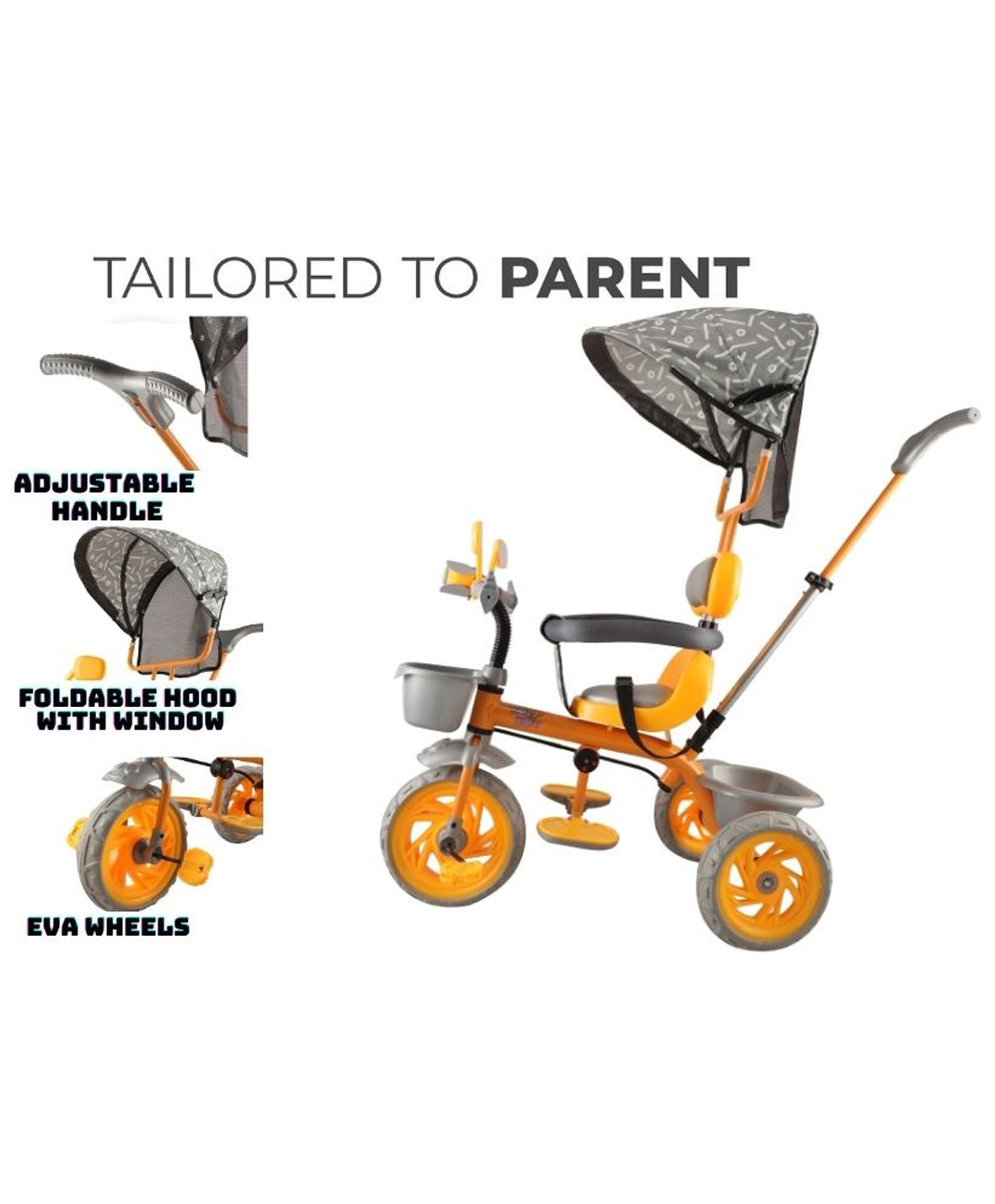 JoyRide Tiny Trekker Tricycle for Kids 1.5 to 5 Years with Reversible Seat,Parental  Push Handle, Foldable Canopy Storage Baskets |Plug & Play Trikes for Girls Boys Citrine Yellow-image-20