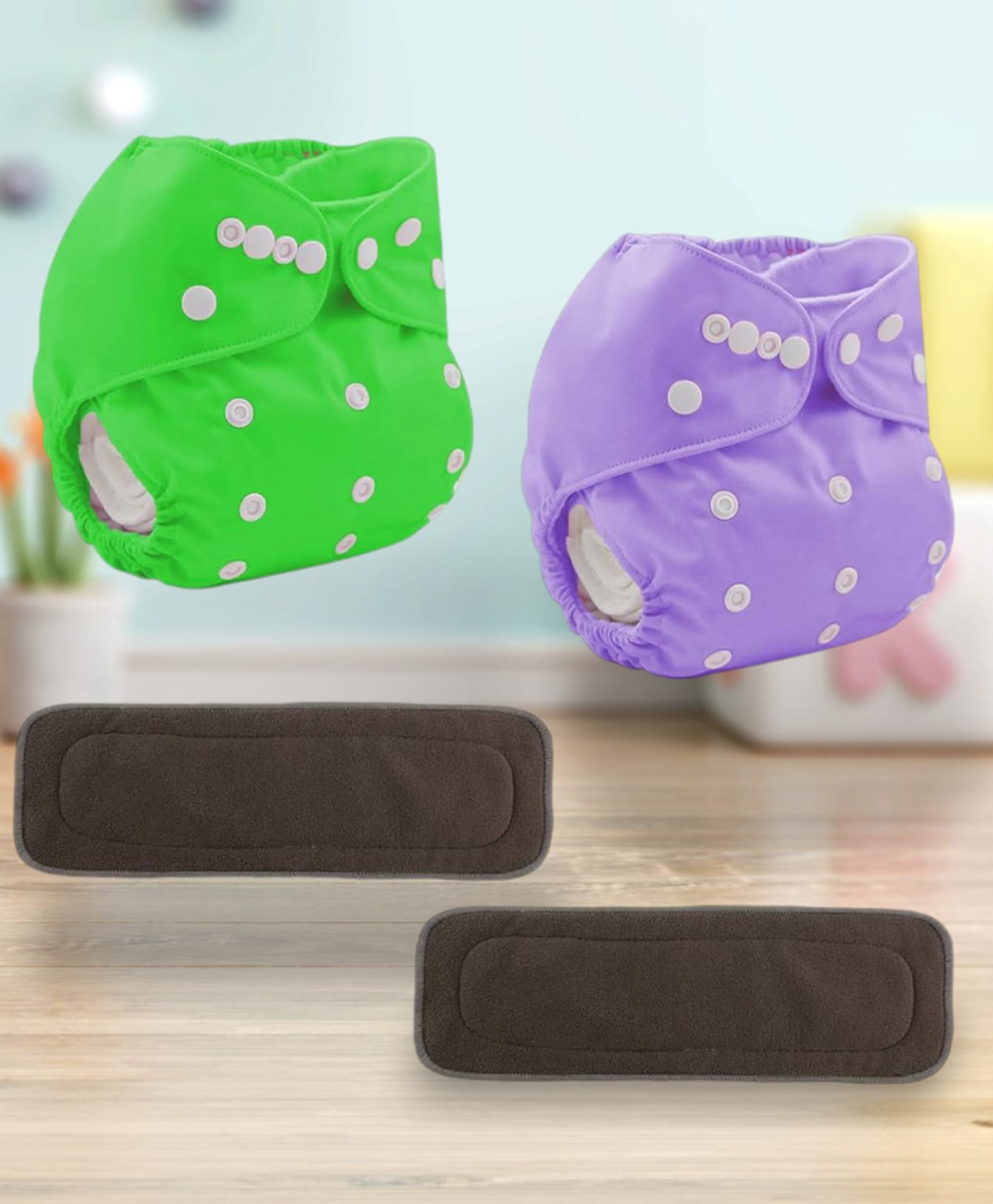Sparkle Joy Washable & Reusable Cloth Diapers/Nappies Combo Pack of 2 Free size With 2 organic cotton Grey inserts - Purple & Green-image-16