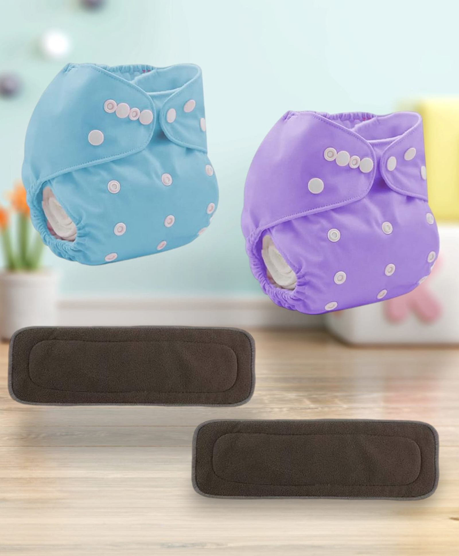 Sparkle Joy Washable & Reusable Cloth Diapers/Nappies Combo Pack of 2 Free size With 2 organic cotton Grey inserts - Purple & Sky-blue-picture-13