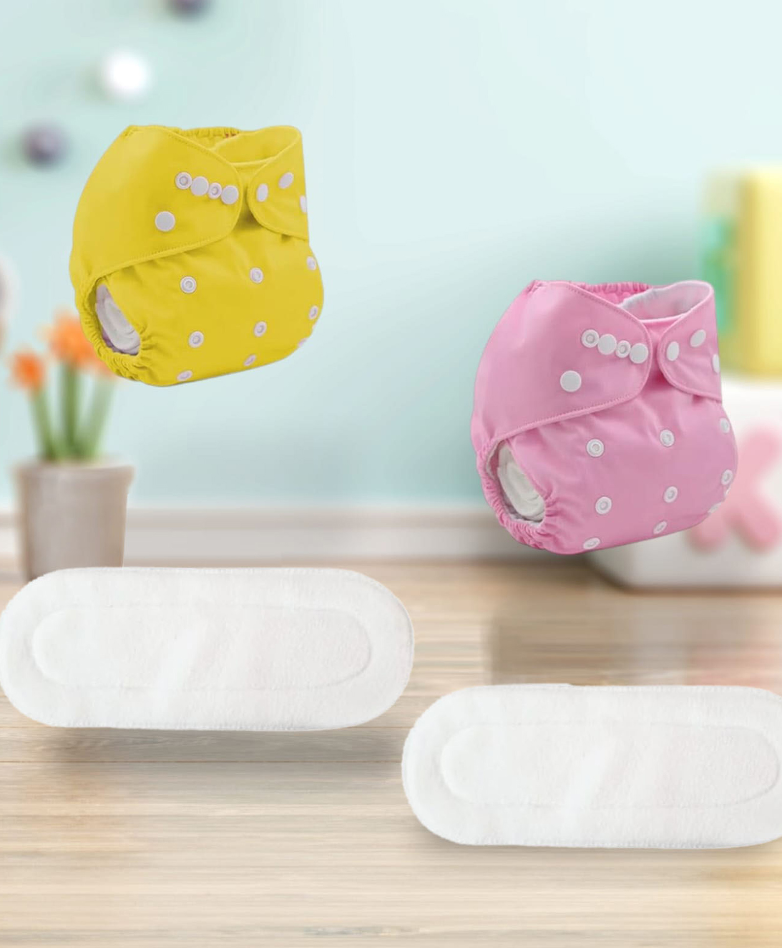 Sparkle Joy Washable & Reusable Cloth Diapers/Nappies Combo Pack of 2 Free size With 2 organic cotton White inserts - Pink & Yellow-image-19