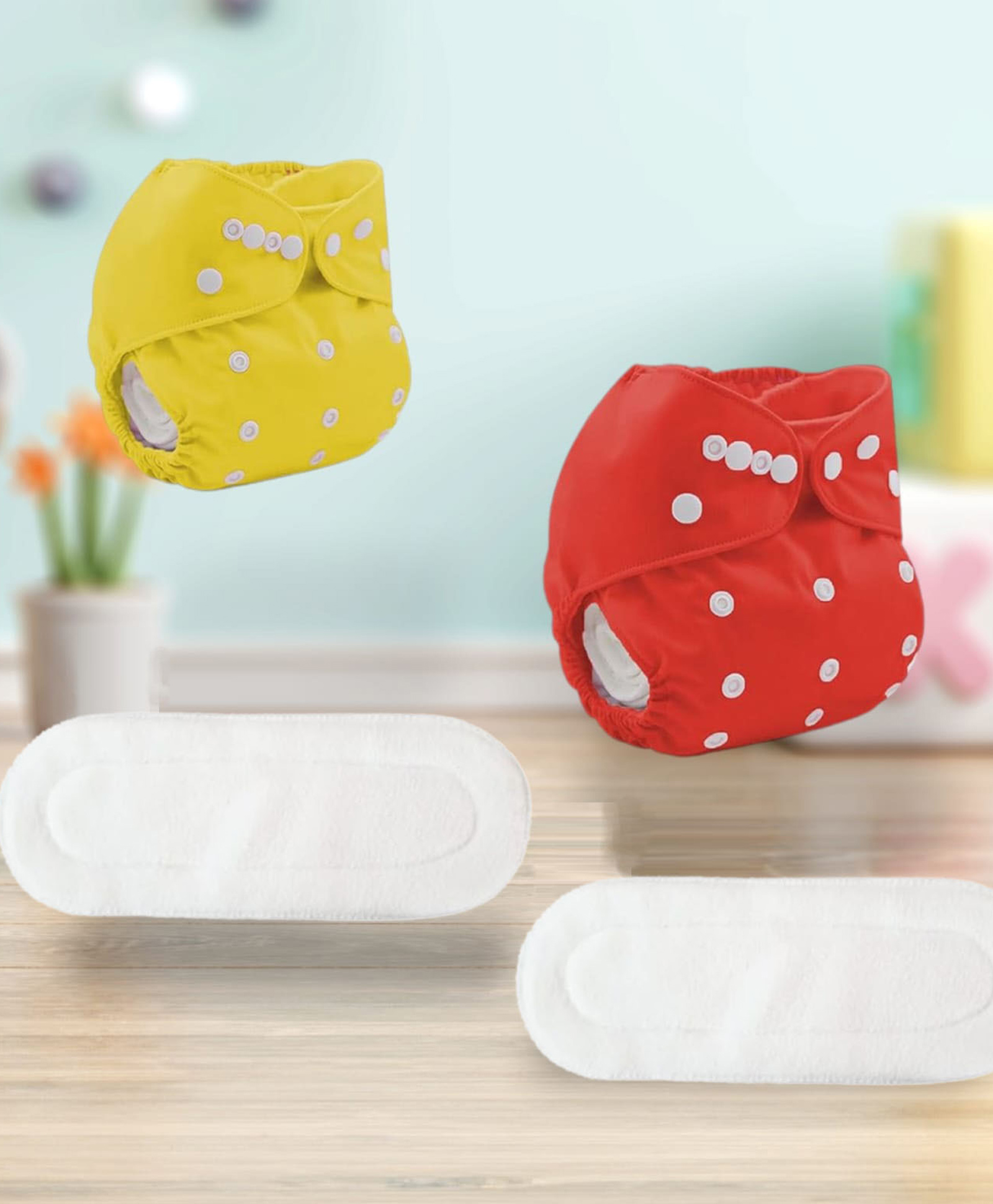 Sparkle Joy Washable & Reusable Cloth Diapers/Nappies Combo Pack of 2 Free size With 2 organic cotton White inserts - Red & Yellow-image-38