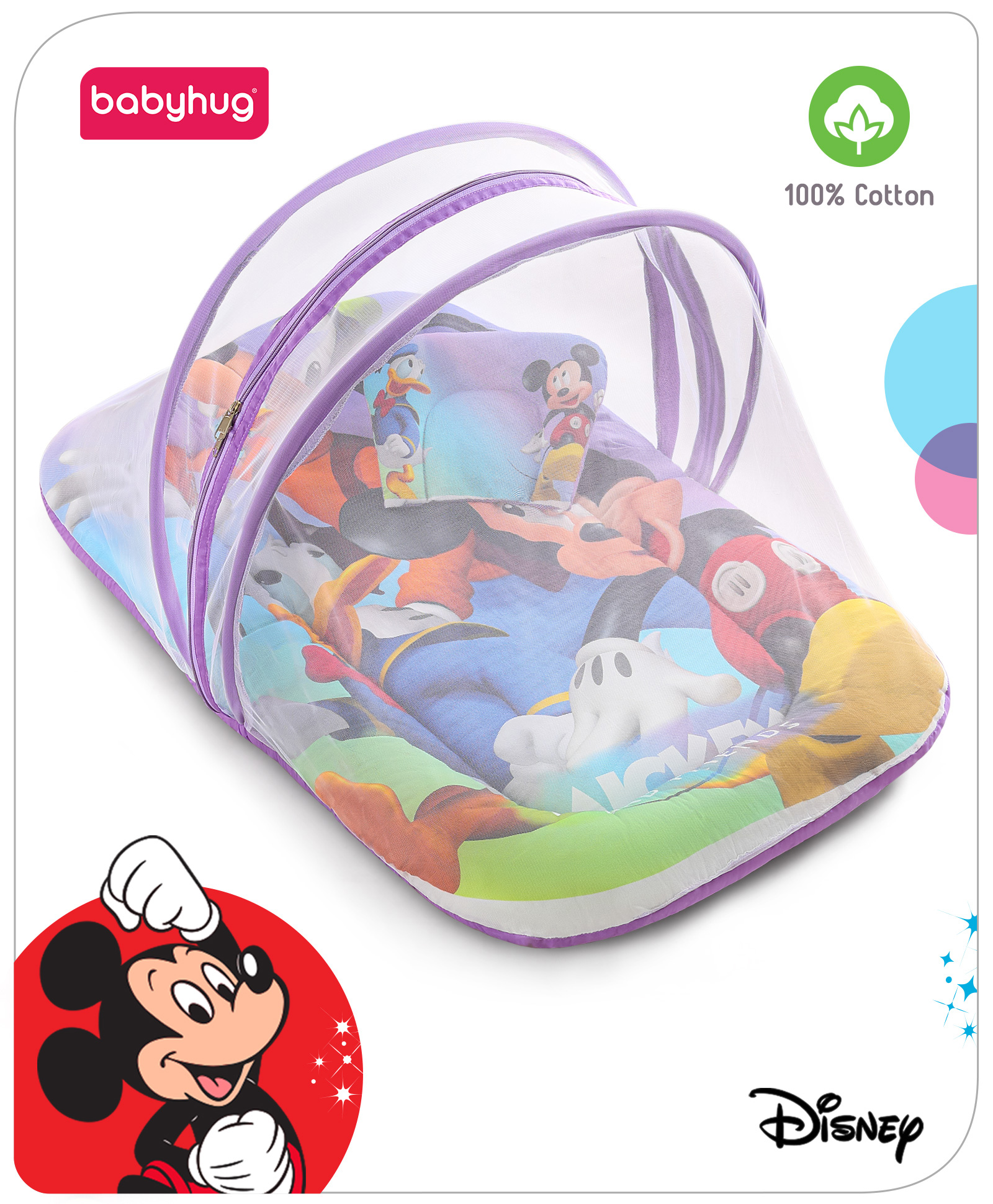 Babyhug Disney Mattress Set With Mosquito Net & Head Pillow Mickey & Friends Print - Purple-image-9