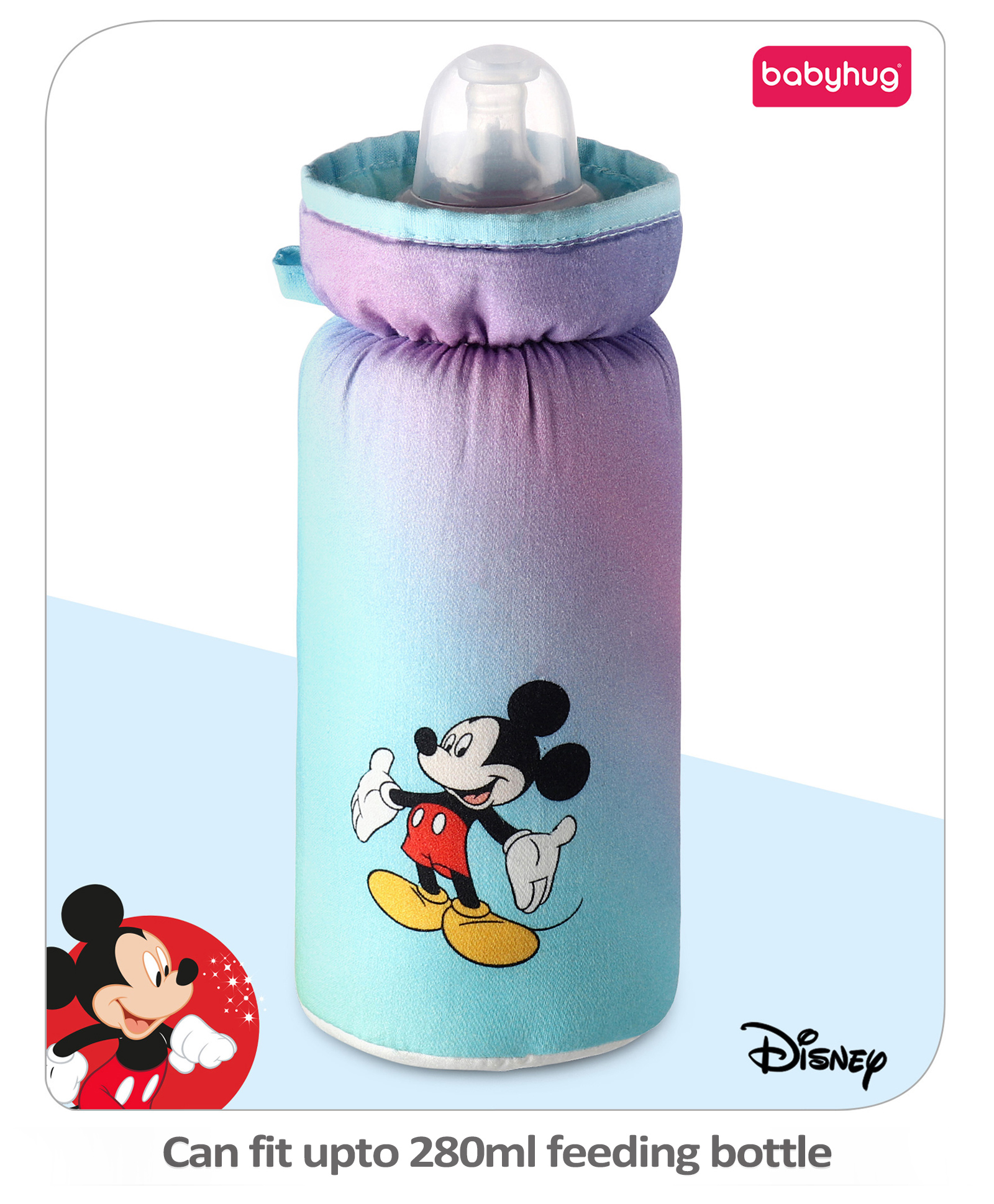 Babyhug Disney Feeding Bottle Cover Mickey & Friends Print Medium - Purple| Stylish| New Born| Boys and Girls| Elastic Neck and Carry Tag| Machine Washable| for Standard and Wide Neck Bottles - 330 ml-picture-25