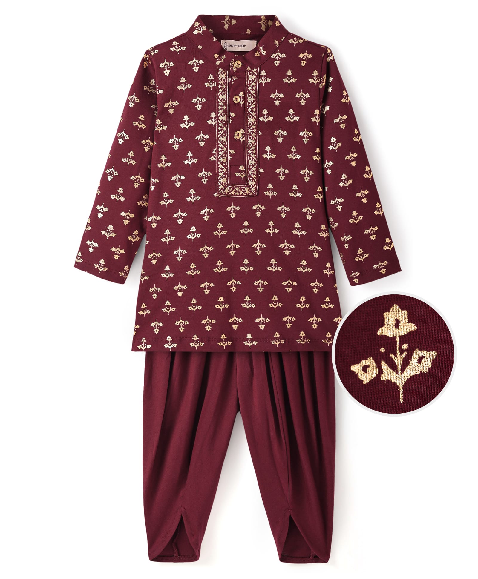 EARTHY TOUCH Single Jersey Knit Full Sleeves Floral Foil Printed Dhoti Kurta Set - Maroon-picture-25