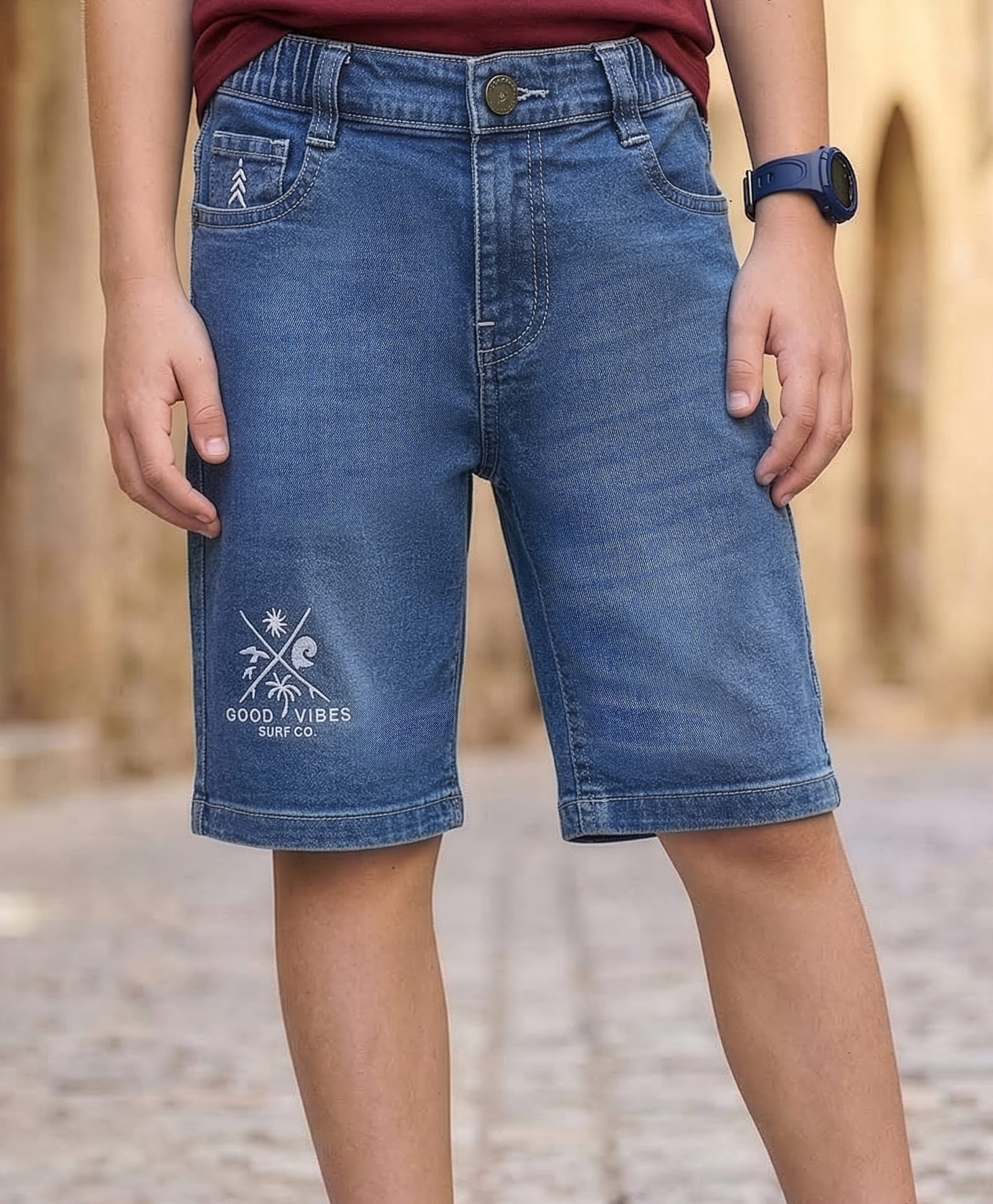 Pine Kids Denim Woven Above Knee Length Washed Shorts with Good Vibes Embroidery - Blue-image-7