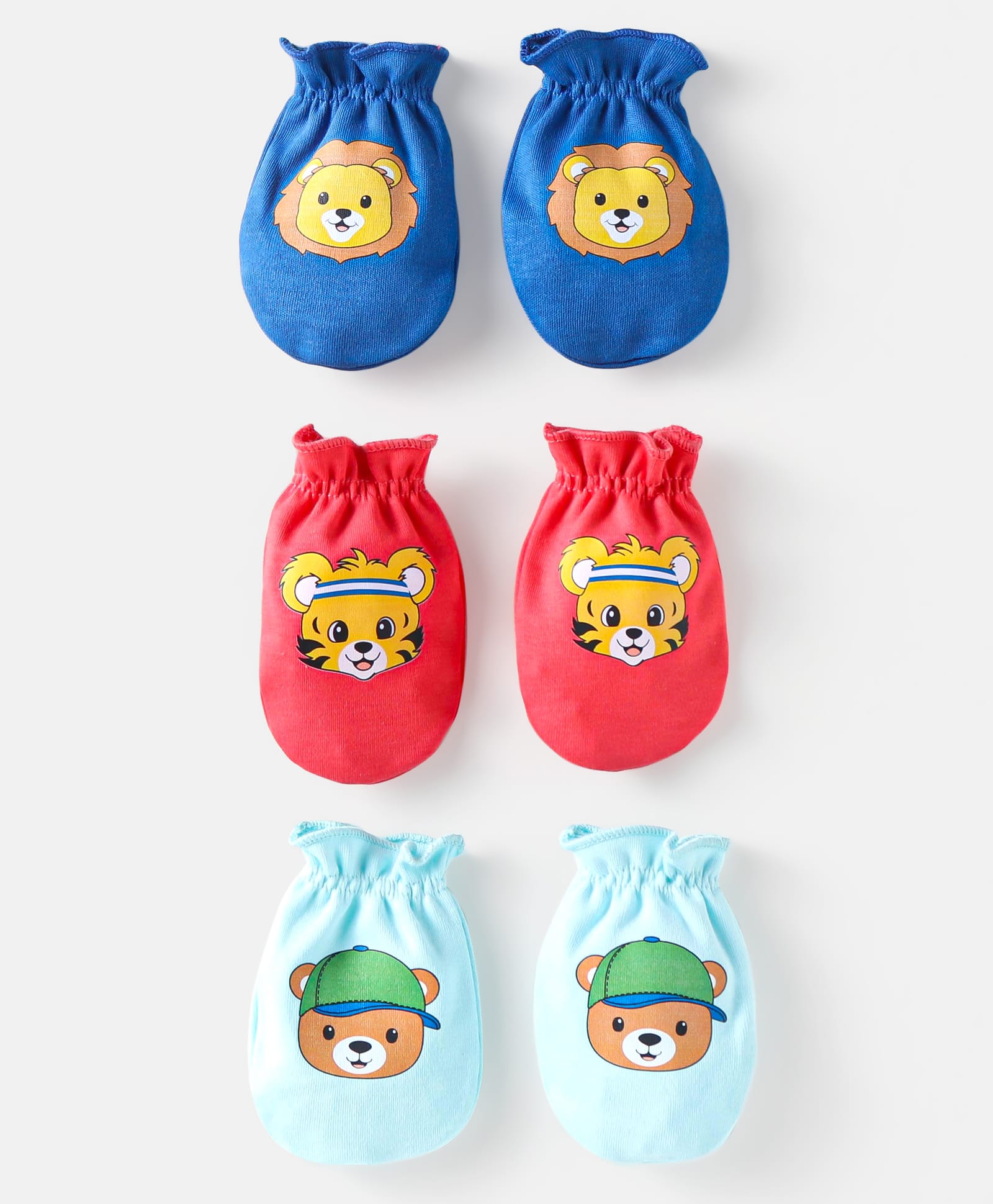 Babyhug 100% Cotton Knit Mittens with Animal Prints Pack of 3 - Blue & Red