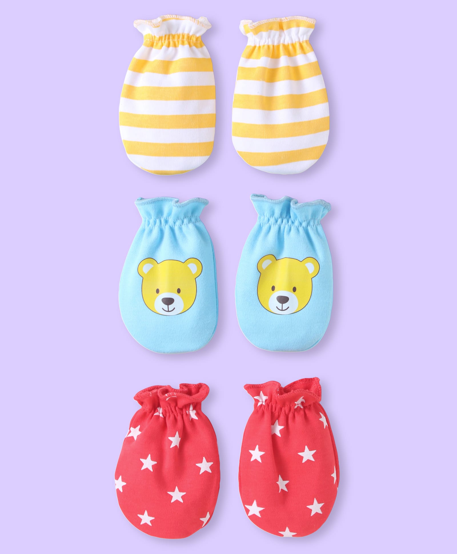 Babyhug CottonKnit Mittens With Stripes Bear & Star Print Pack of 3 -Yellow Light Blue & Red-image-49