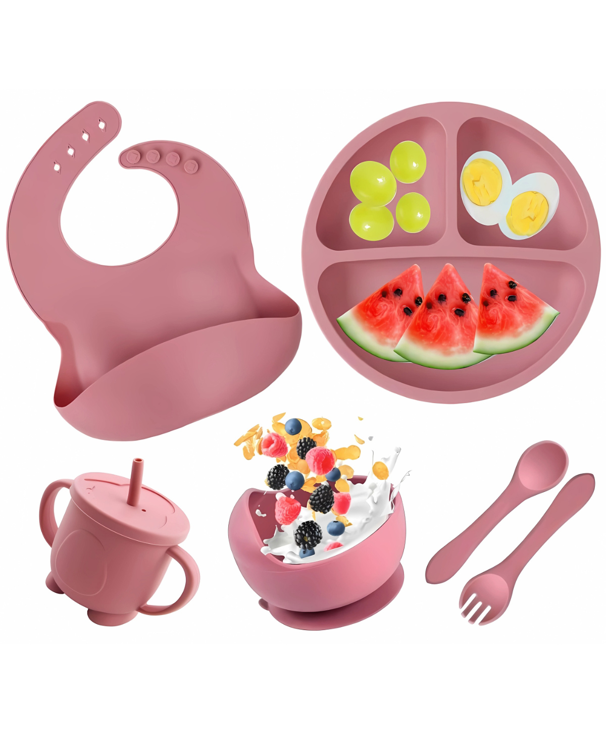 Nicety 6 Pcs Silicone Baby Tableware Set, Baby Suction Plate and Bowl with Adjustable Bib, Spoon, Fork, Sippy Cup, Baby Feeding Dinner Sets for Kids 6+ Month Age (Dusty Pink)-image-32