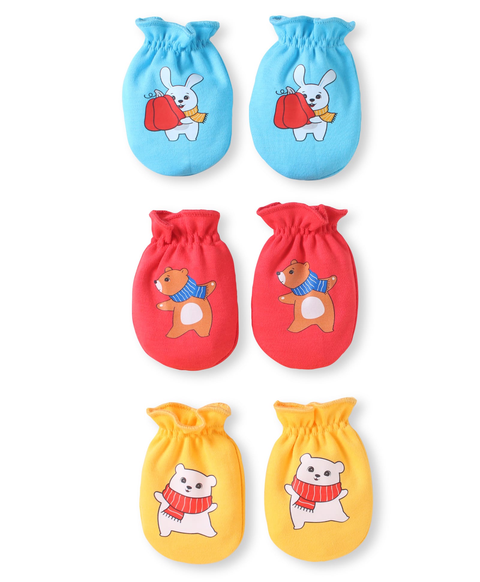 Babyhug 100% Cotton Knit Mittens with Bear Print Pack of 3 - Light Blue Red & Yellow