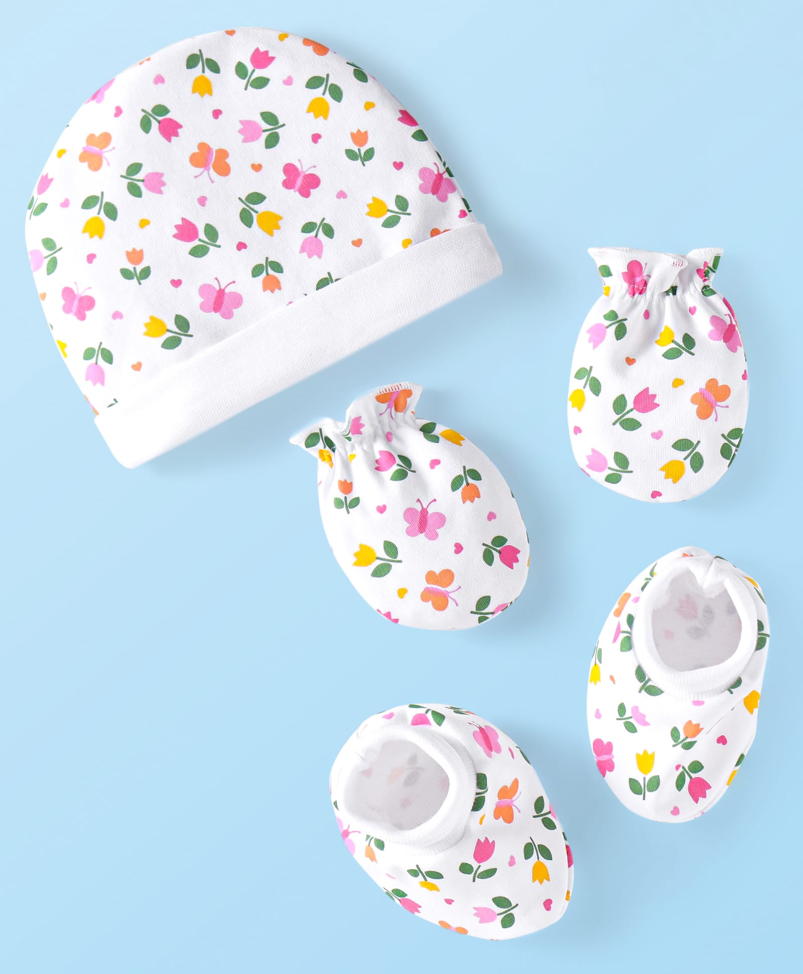 Babyhug 100% Cotton Knit Cap Mittens & Booties Set wit Floral Print - White-image-47