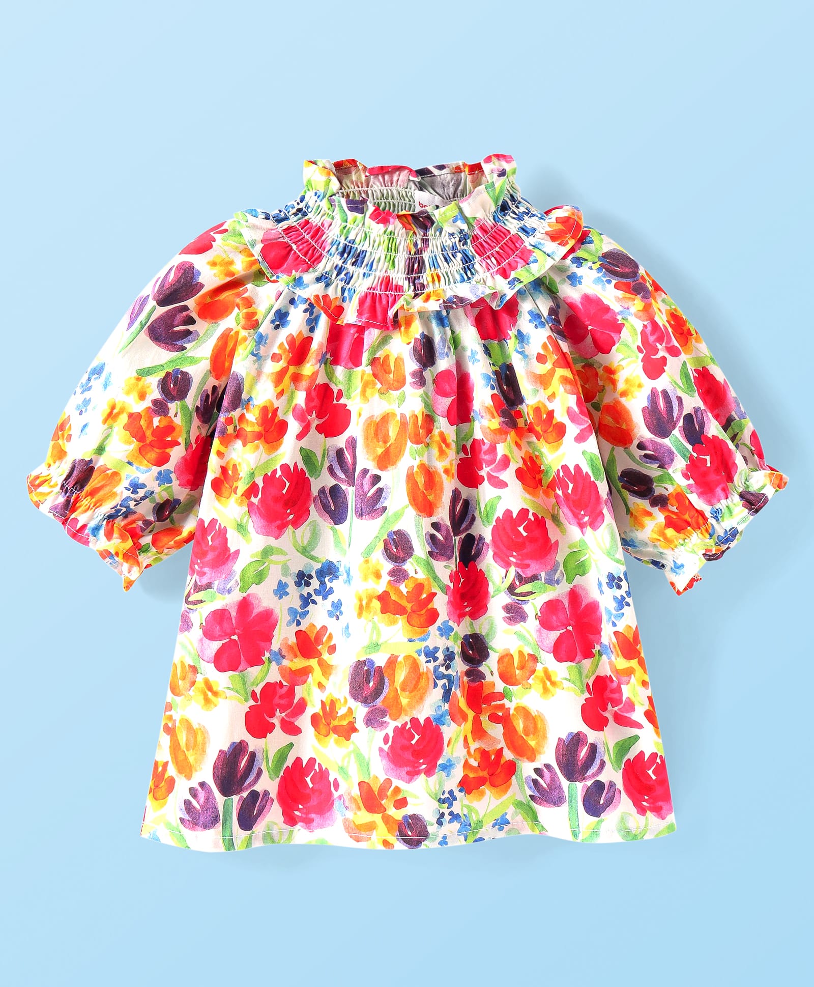 Babyhug Rayon Woven Half Sleeves Top with Smock Detailing & All Over Floral Print - Pink & Yellow-picture-12
