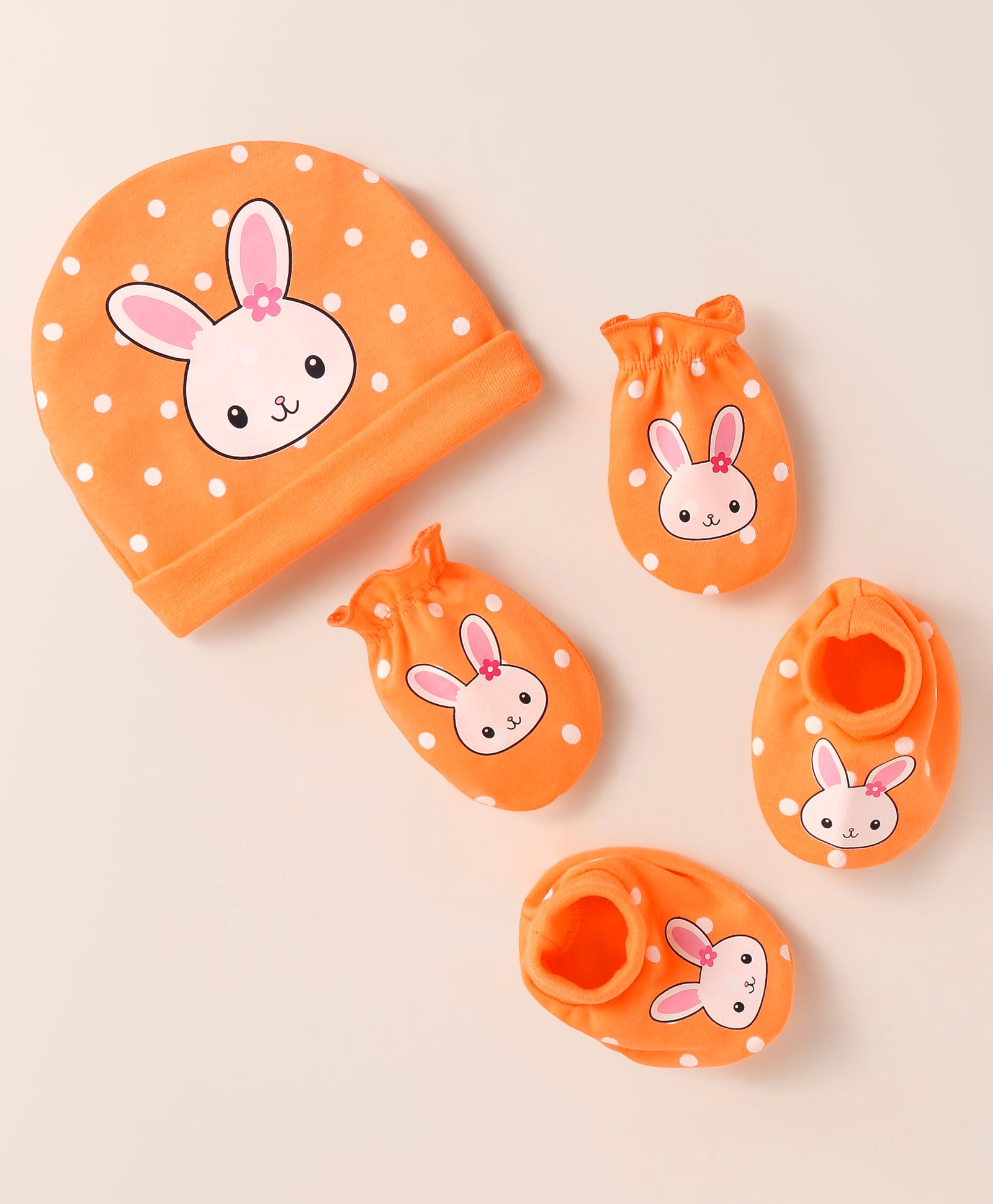 Babyhug Interlock Knit Cap Mittens & Booties With Bunny & Polka Dot Print - Orange-image-40