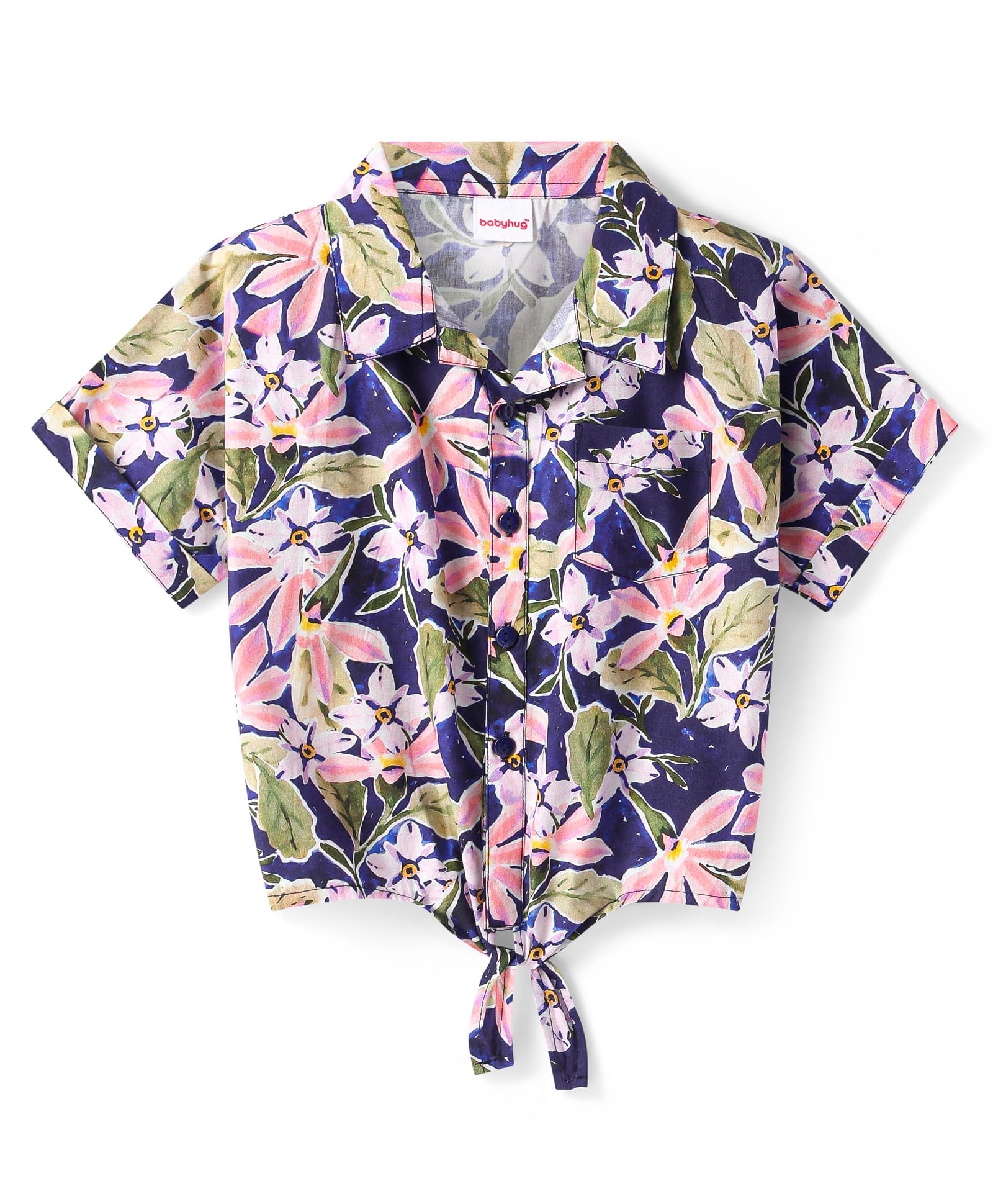 Babyhug Rayon Woven Half Sleeves Shirt Style Top with Knot Detailing & Floral Print - Blue-image-49