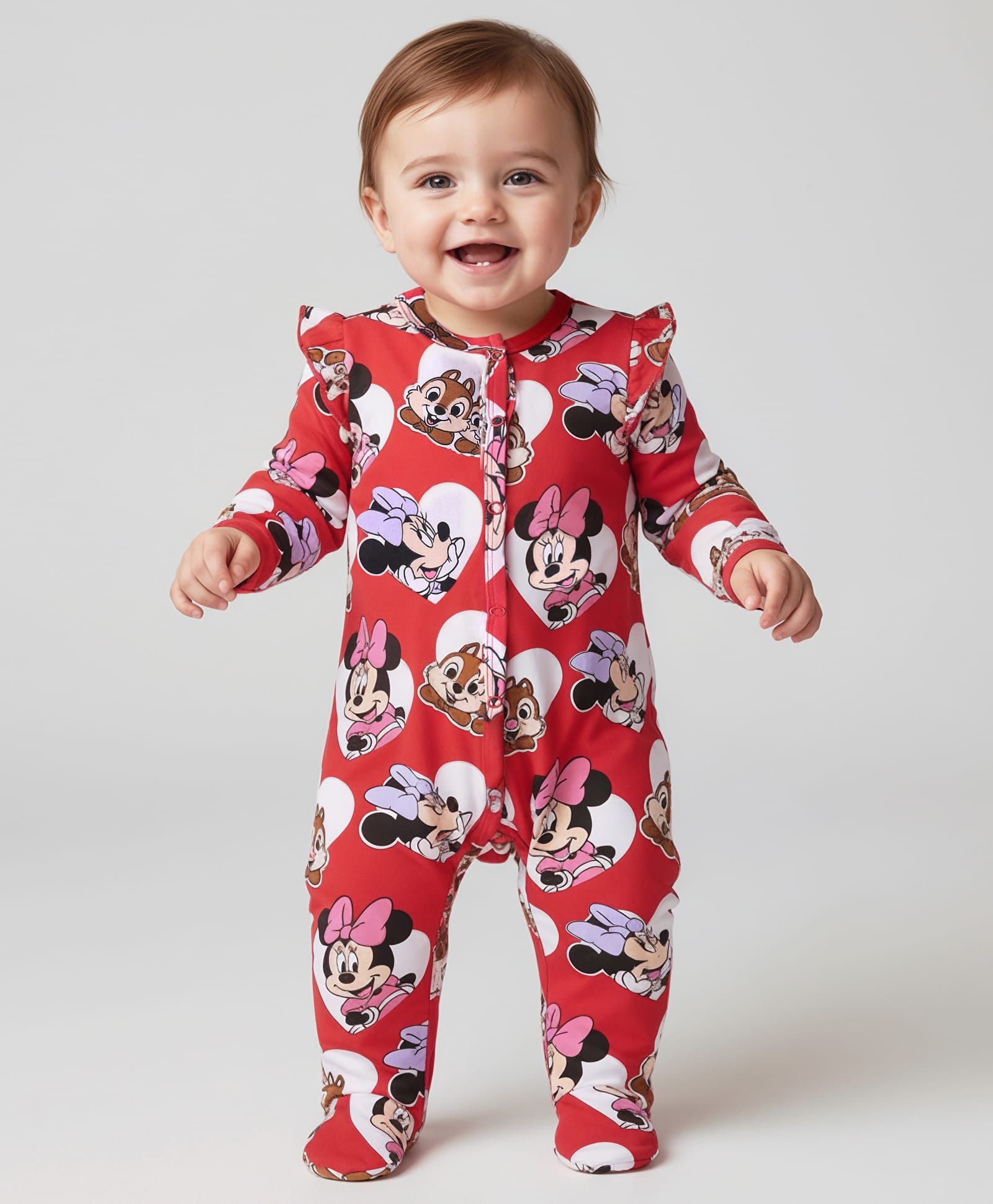 Babyhug Disney Interlock Knit Full Sleeves Front Open Footed Sleep Suit with Minnie Mouse Print & Frill Detailing - Red-image-19