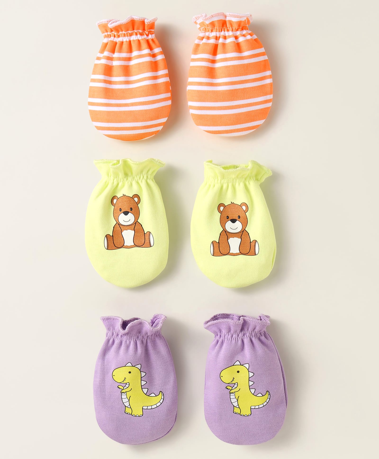 Babyhug Interlock Mittens With Animal Print Pack of 3 - Orange Green & Purple