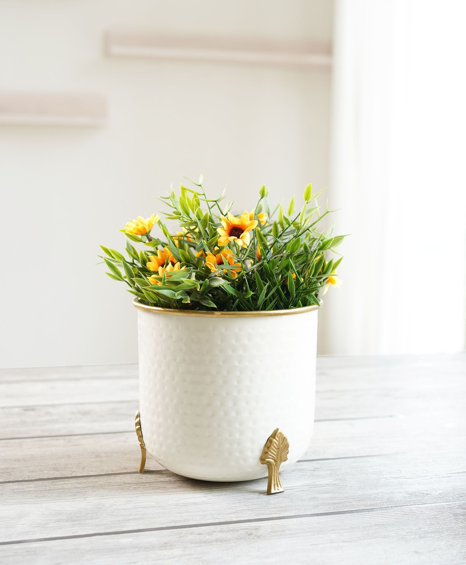 BEHOMA Metal Hammered White Planter with Golden Trim for Home Décor (Plant not Included).-picture-28