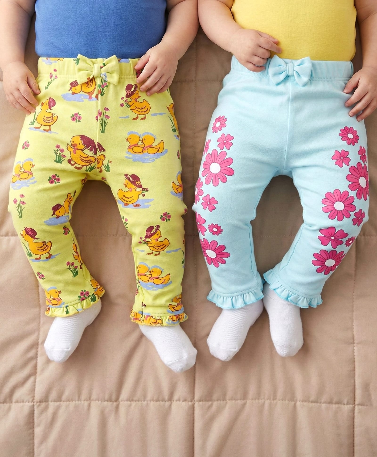 Babyoye Eco Conscious 100% Cotton Knit Full Length Floral & Duck Printed Leggings With Bow Applique Pack of 2 - Light Blue & Yellow-image-42