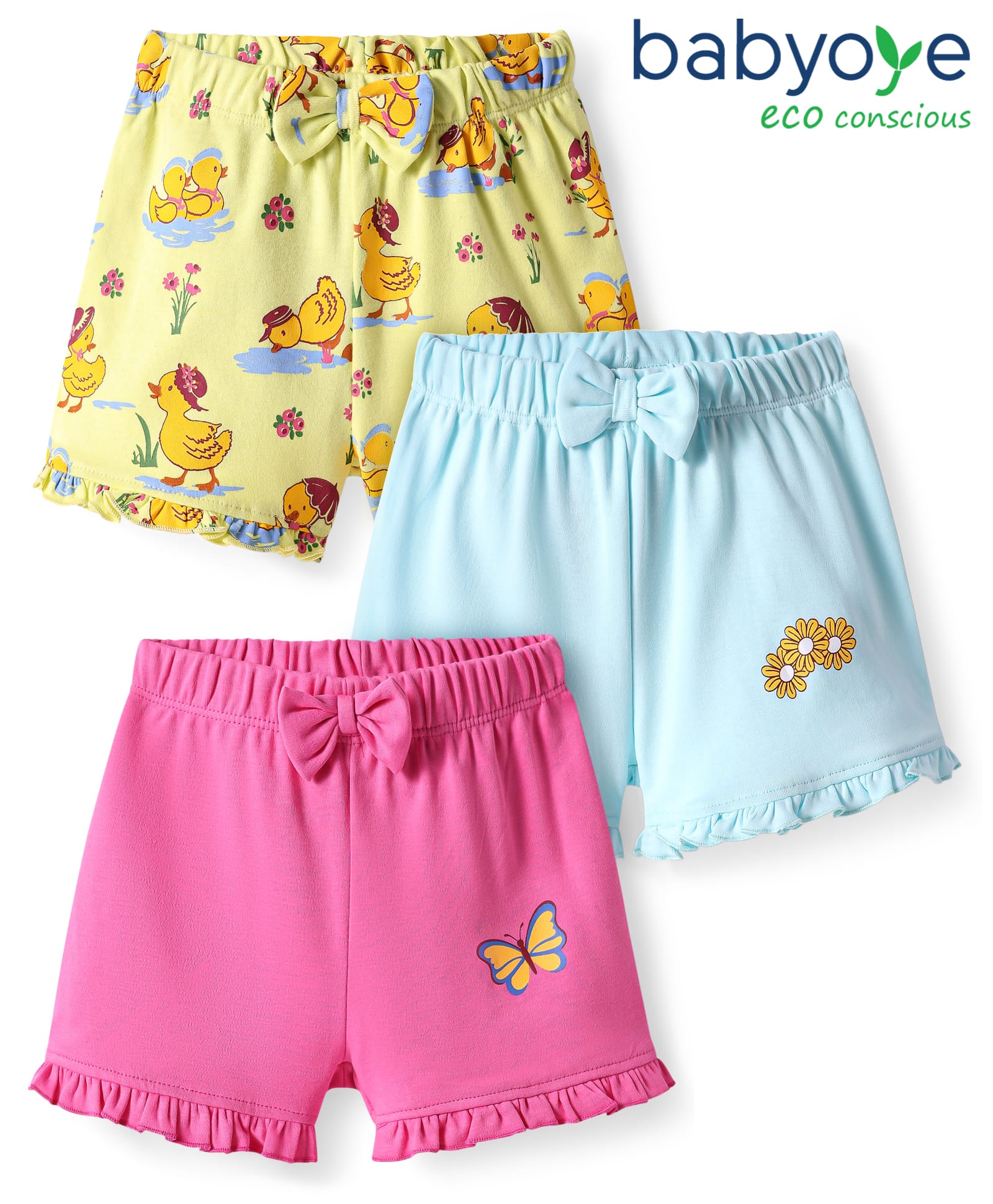 Babyoye Eco Conscious 100% Cotton Shorts with Duck Butterfly & Floral Print & Bow Applique Pack of 3 - Yellow & Blue