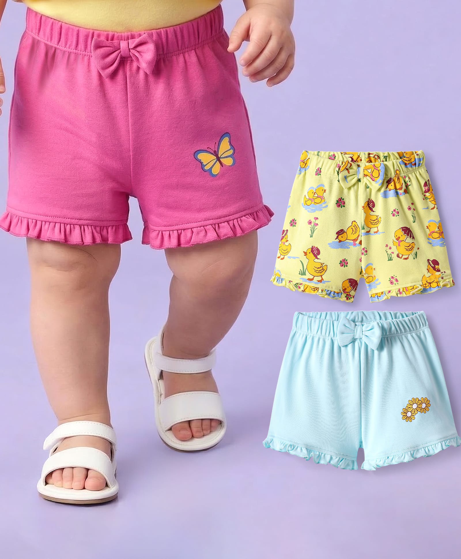 Babyoye Eco Conscious 100% Cotton Shorts with Duck Butterfly & Floral Print & Bow Applique Pack of 3 - Yellow & Blue-picture-12