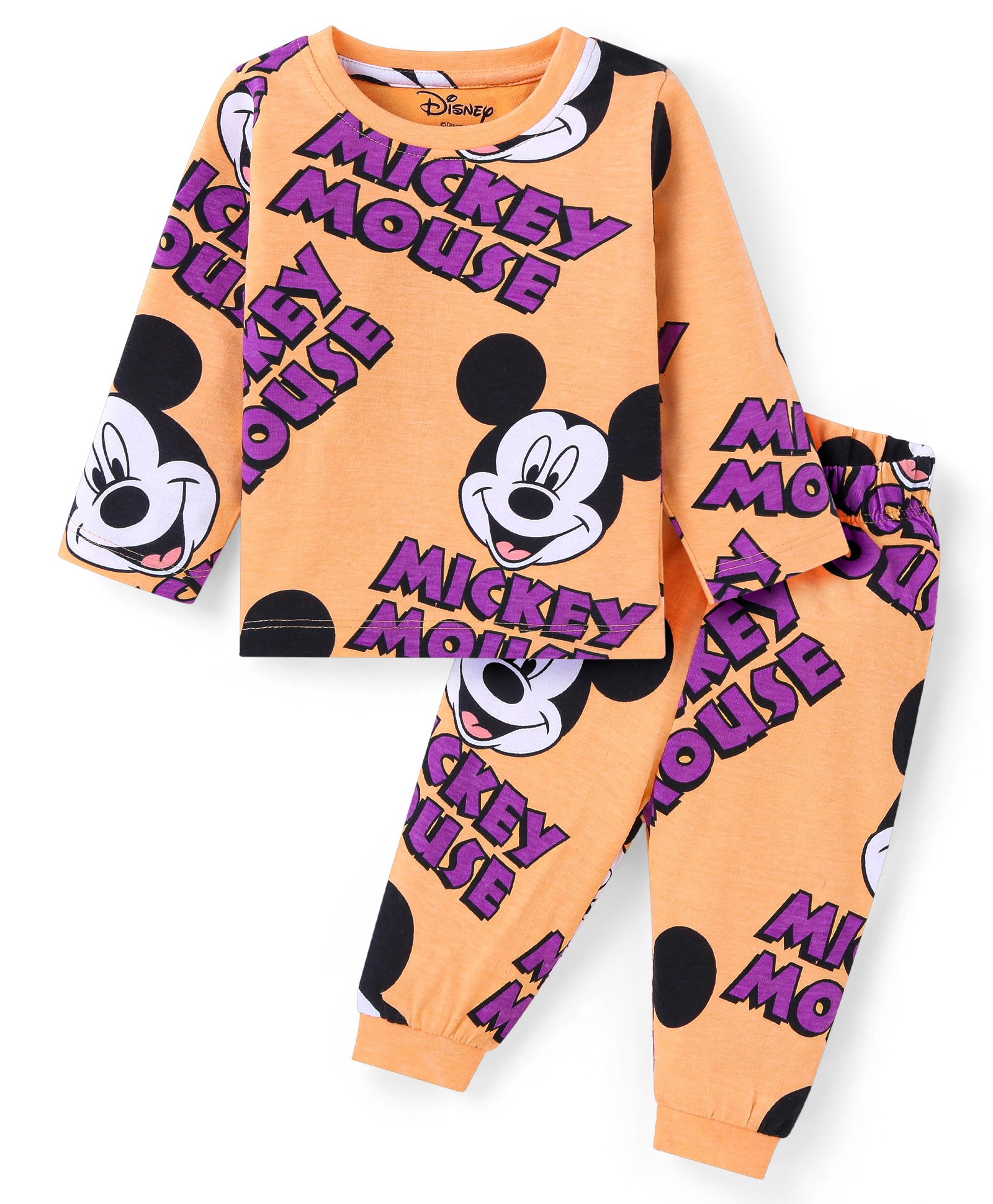 Babyhug Disney Single Jersey Knit Full Sleeves Night Suit With Mickey Mouse Graphics - Orange-picture-20