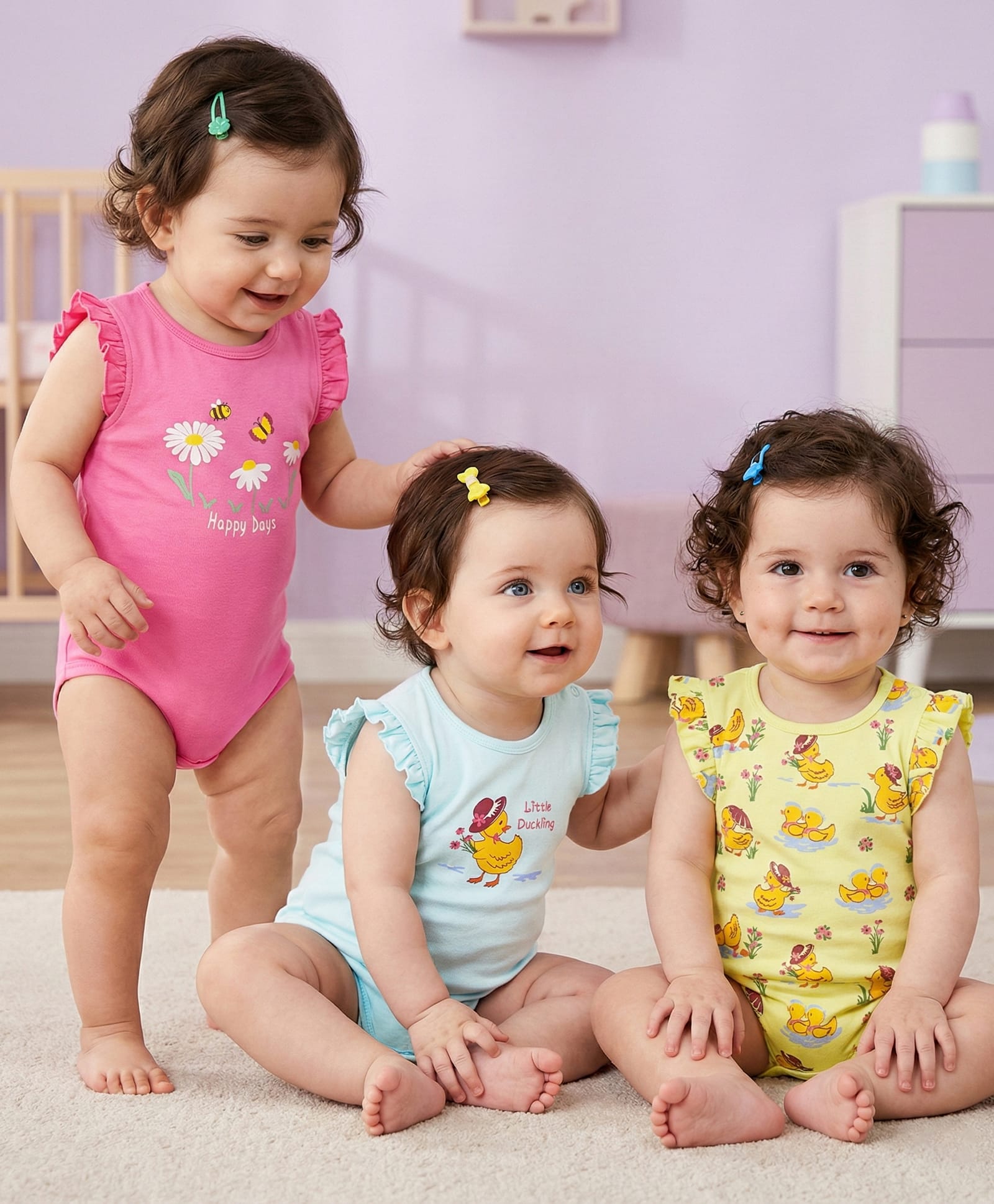 Babyoye Eco Conscious 100% Cotton Knit Frill Sleeves Onesies With Duck Print Pack of 3 - Yellow Pink & Mint-picture-15