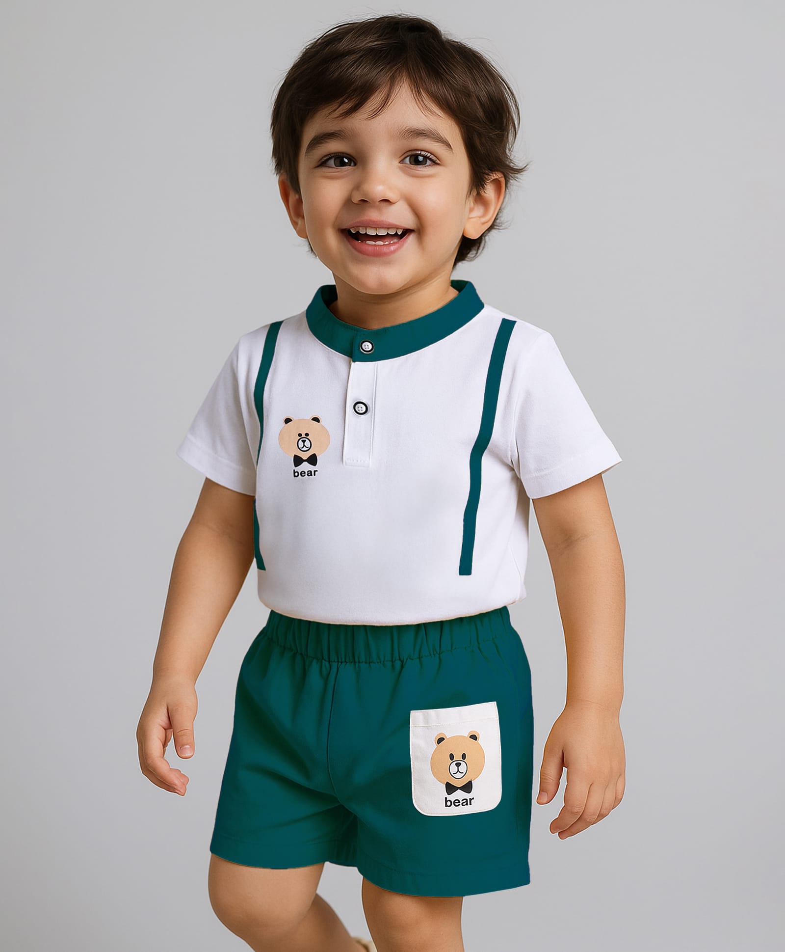 Mark & Mia Cotton Half Sleeves Madarin Collar T-Shirt & Shorts Set with Teddy Print - Dark Green & White-picture-28