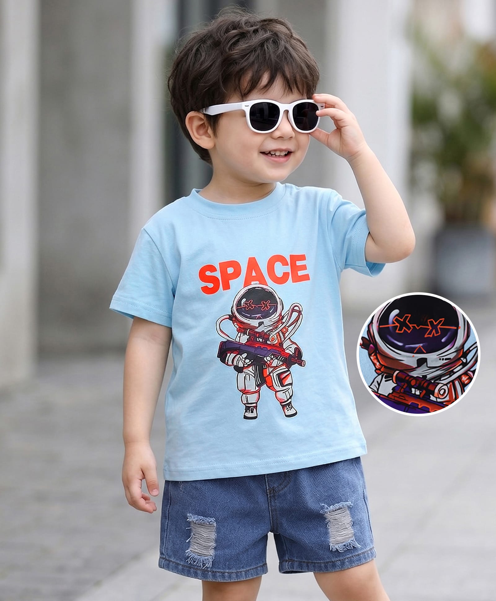 Mark & Mia Half Sleeves Cotton T-Shirt & Denim Shorts Set With Astronaut Print - Light Blue-image-1