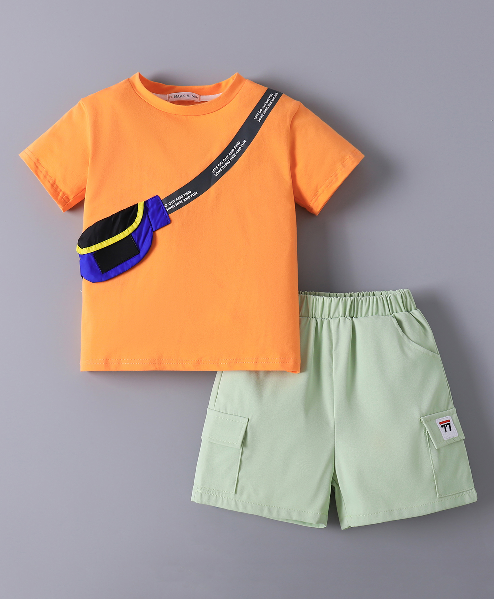 Mark & Mia Cotton Half Sleeves T-Shirt & Shorts Set With Fanny Pack Print - Orange & Mint-picture-10