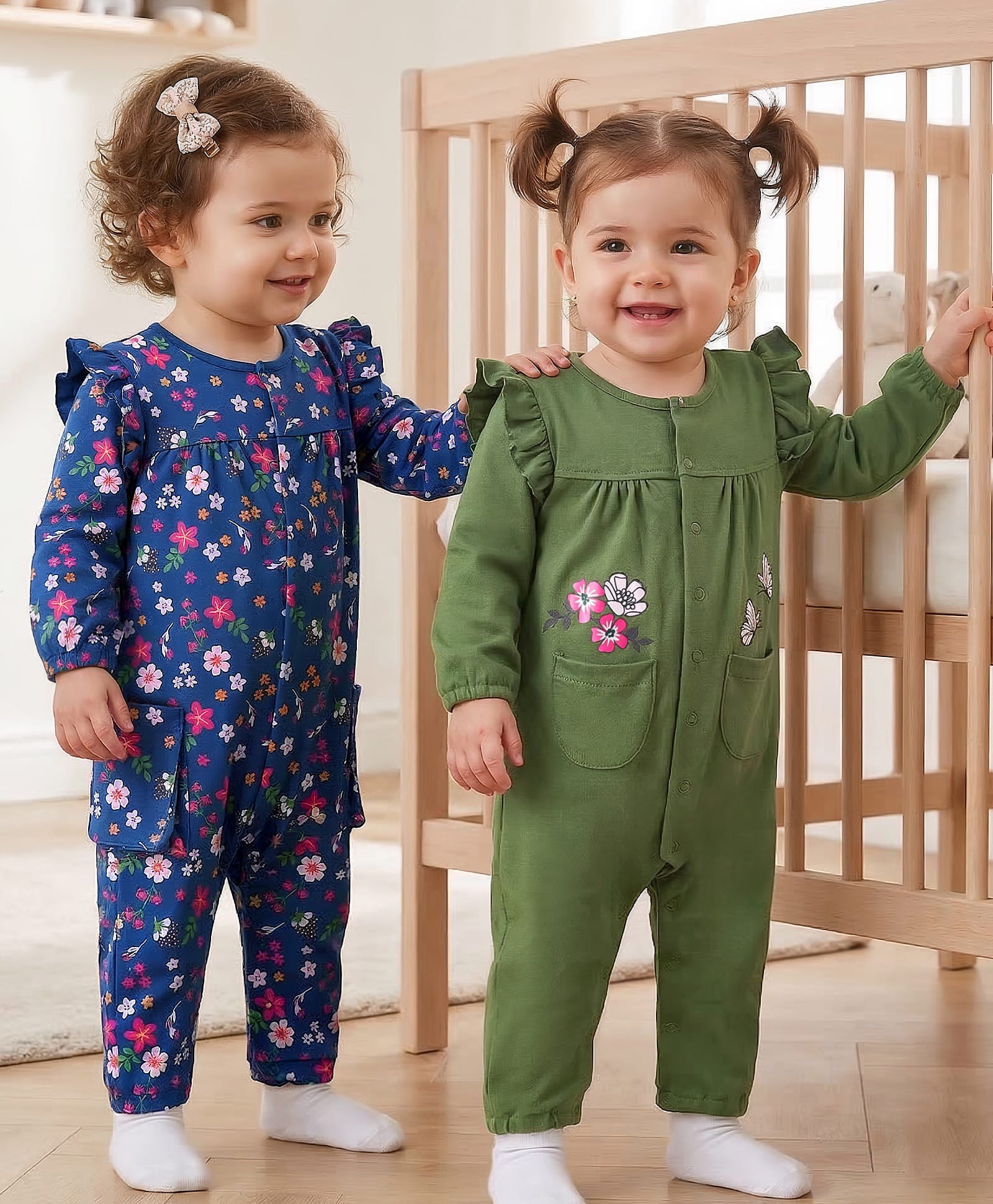 Babyoye Eco Conscious 100% Cotton with Eco Jiva FinishFloral Printed Front Open Romper with Frill Detailing & Pockets Pack of 2 - Navy Blue & Green-image-16