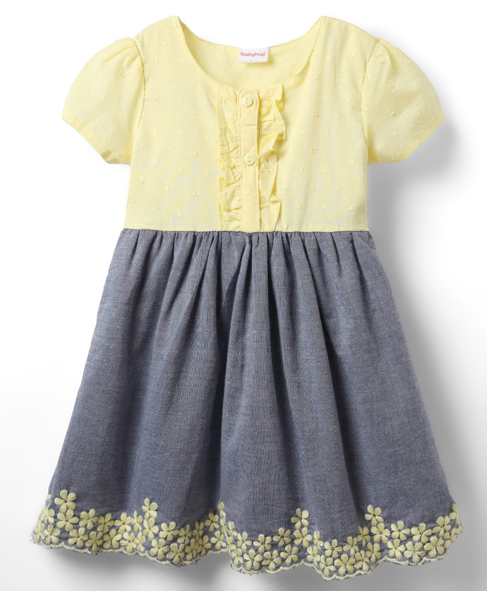 Babyhug Cotton Woven Half Sleeves Frock With Floral Embroidery - Yellow & Blue-image-42