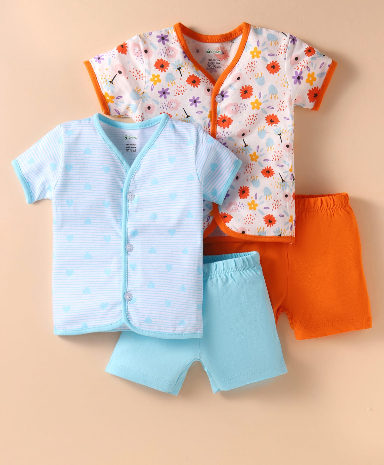 OHMS Single Jersey Knit Half Sleeves Floral & Hearts Printed Shorts Night Suits with Stripes Pack of 2 - Orange & Light Blue-image-32