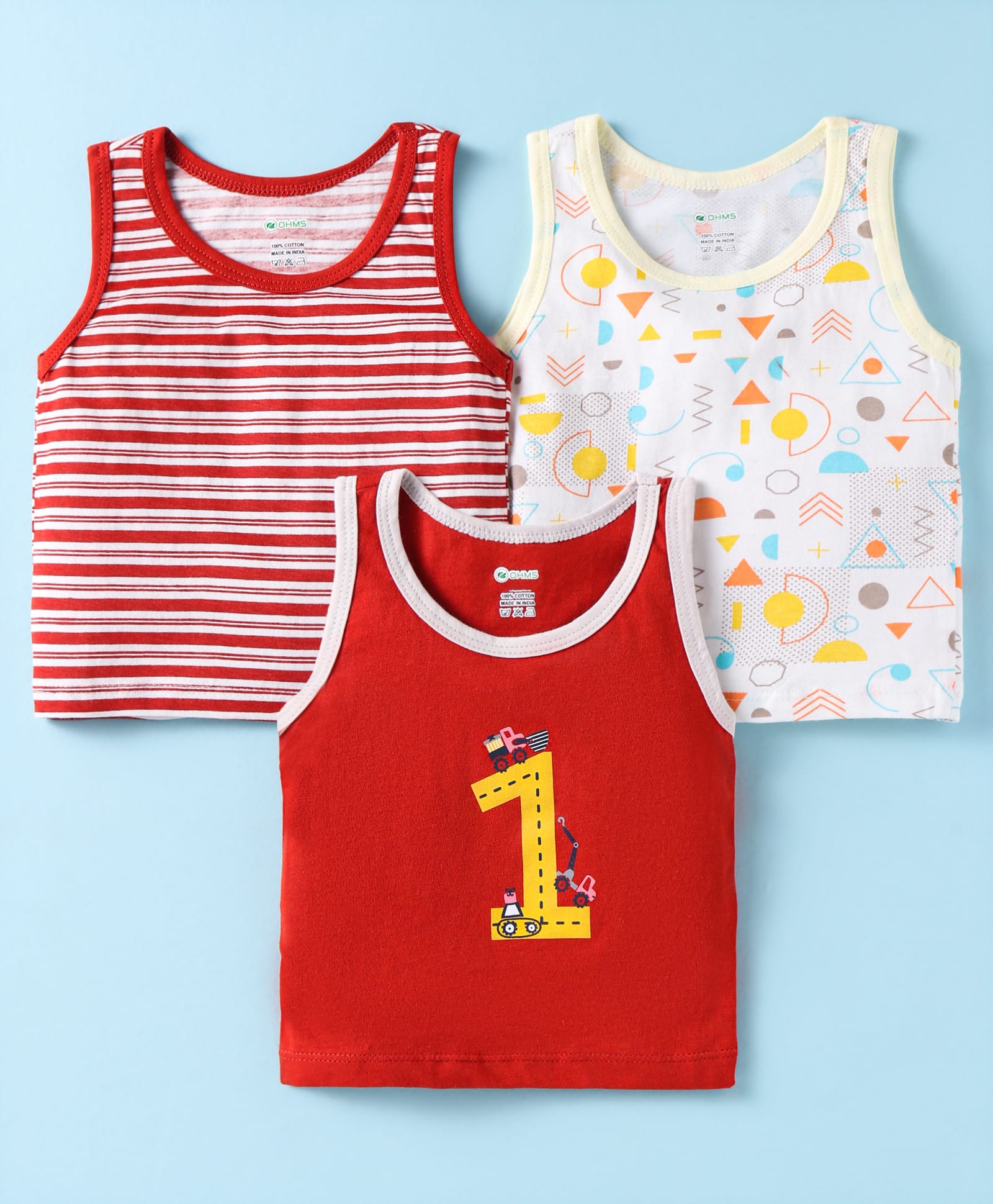 OHMS Single Jersey Knit Sleeveless Vests with Vehicle & Geometric Shapes Print & Stripes Pack of 3 - Red & White-image-44
