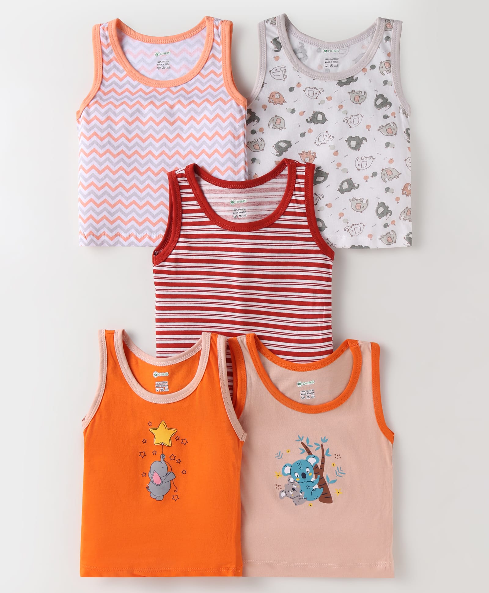 OHMS Single Jersey Knit Sleeveless Vests with Stripes& Animal Print Pack of 5 - Multicolor-image-29