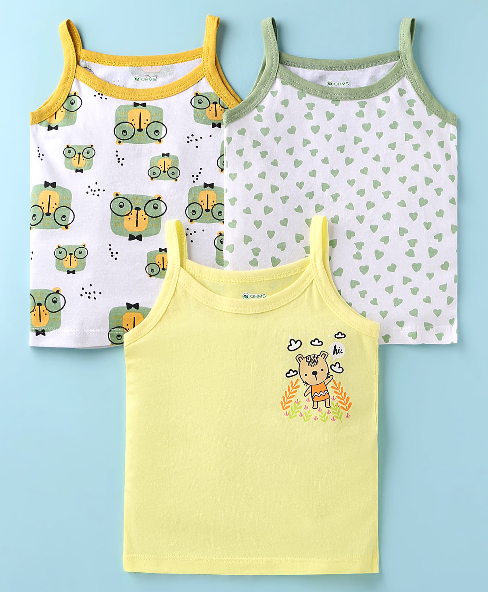 OHMS Single JerseyKnit Singlet Sleeves Slips with Heart & Bear Print Pack of 3 -White & Yellow-image-43