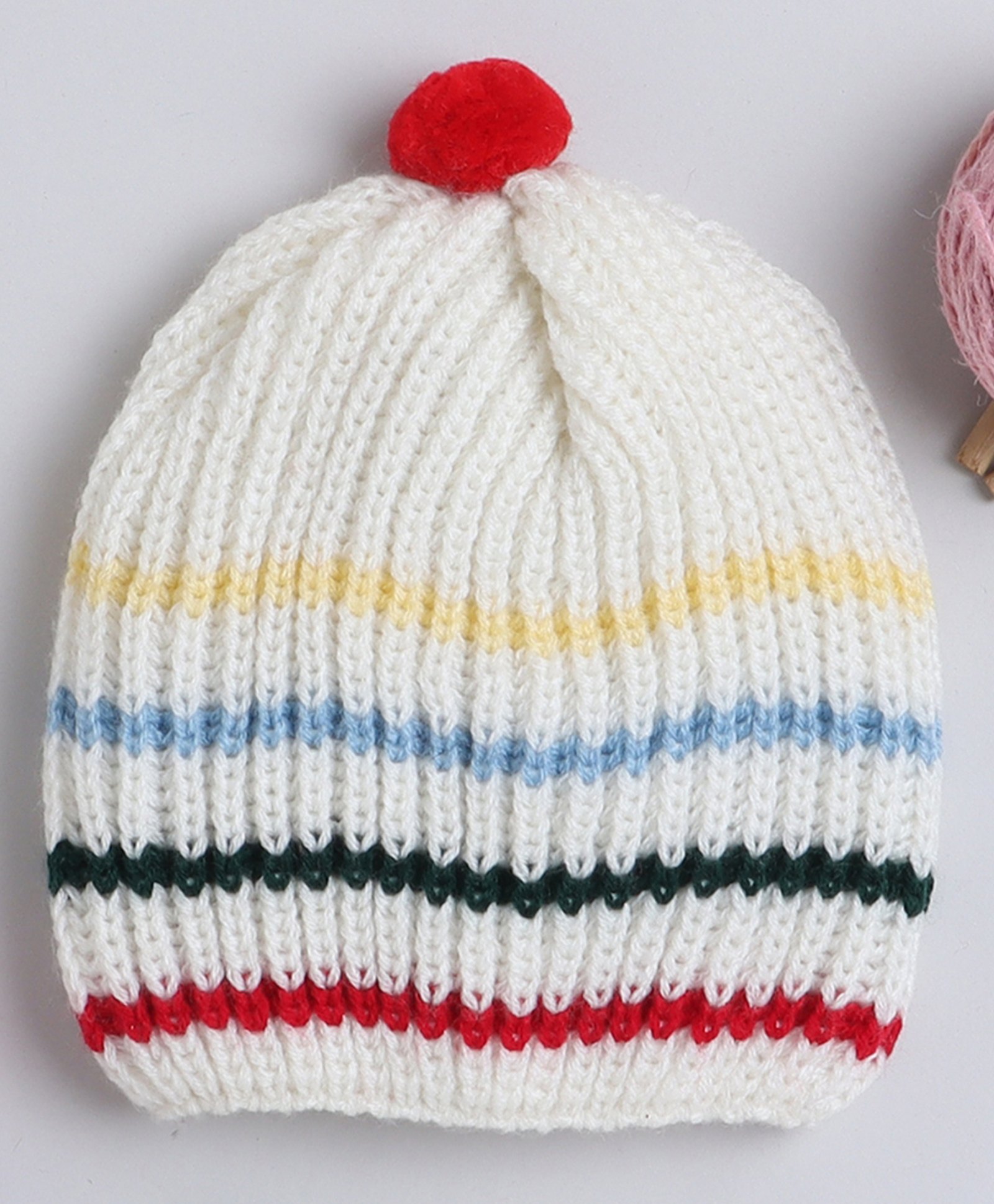 Little Angels Striped Beanie Cap With Pom Pom - Peach-image-13