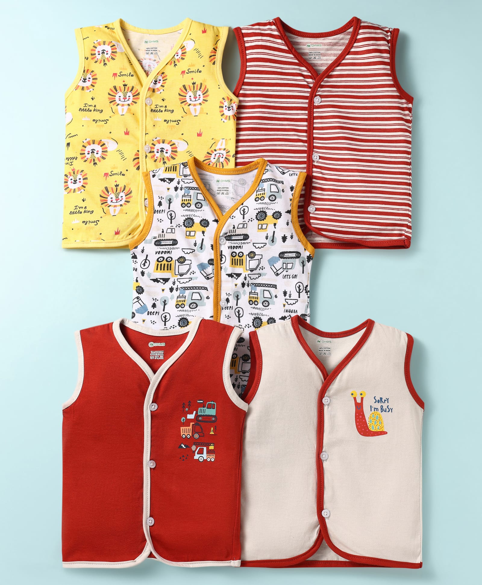 OHMS Single Jersey Knit Sleeveless Animal & Vehicle Printed Jhablas Pack of 5 (Colour & Print May Vary)-picture-22