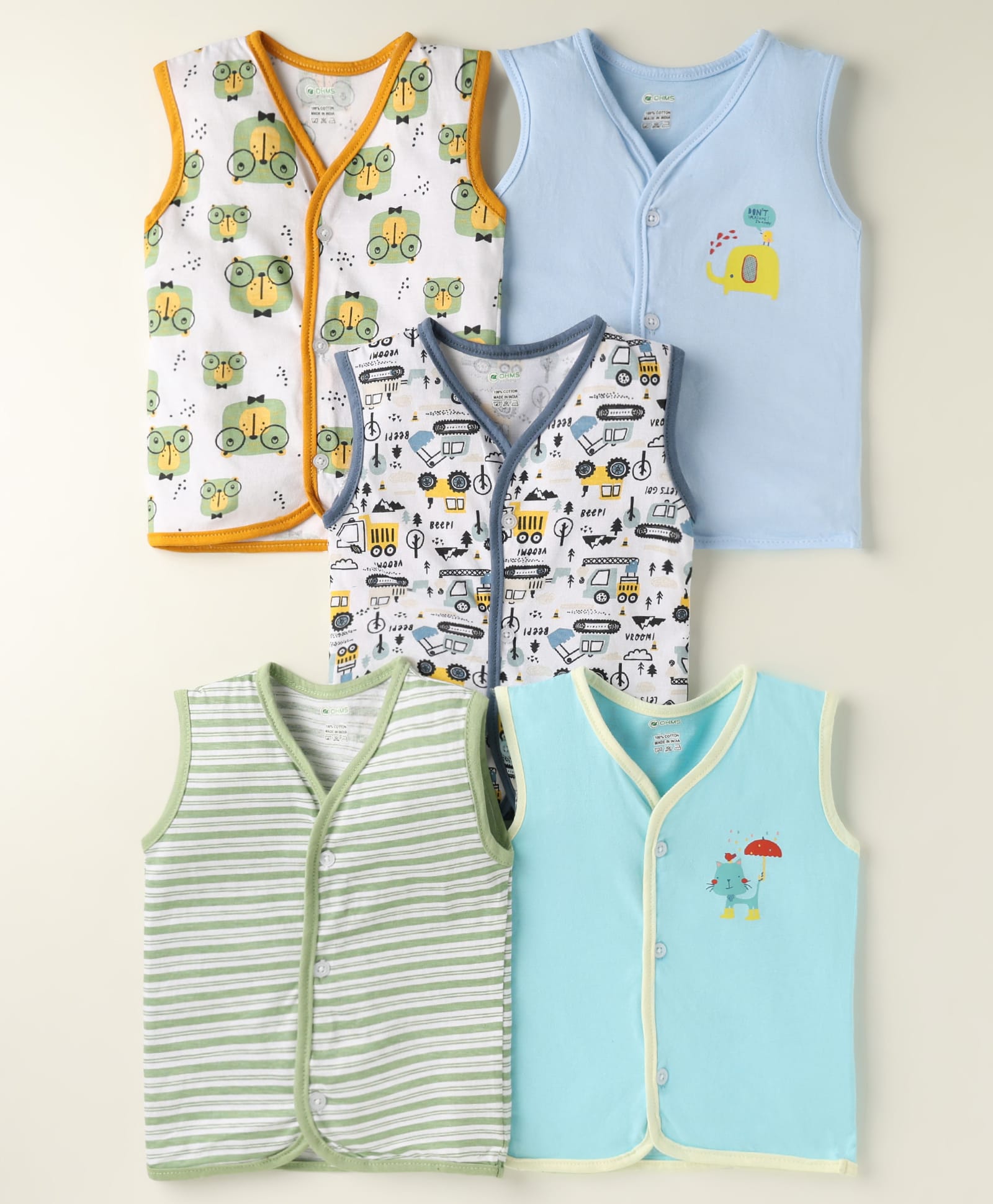 OHMS Single Jersey Knit Sleeveless Jhablas With Stripes & Vehicle Print Pack Of 5 - Multicolour-image-34