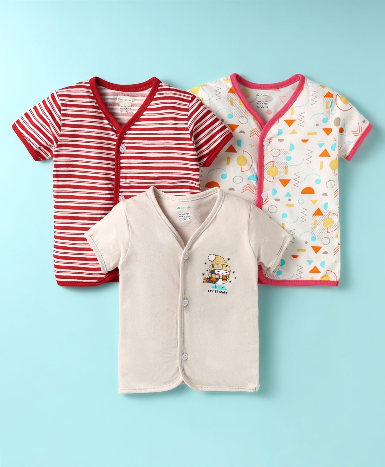 OHMS Single Jersey Knit Half Sleeves Jhablas With Striped & Traingle Print Pack Of 3 - Red & Beige-picture-10