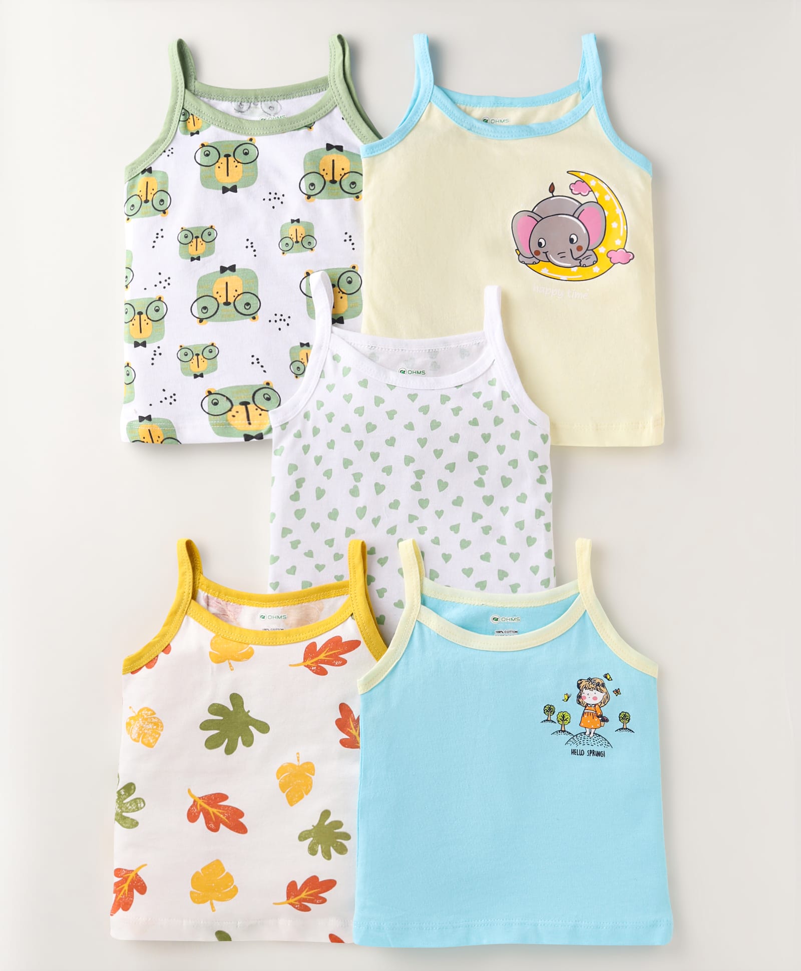 OHMS Single Jersey Knit Singlet Sleeves Slips with Animal Hearts & Leaves Print Pack of 5 - Light Blue Yellow & White-image-33