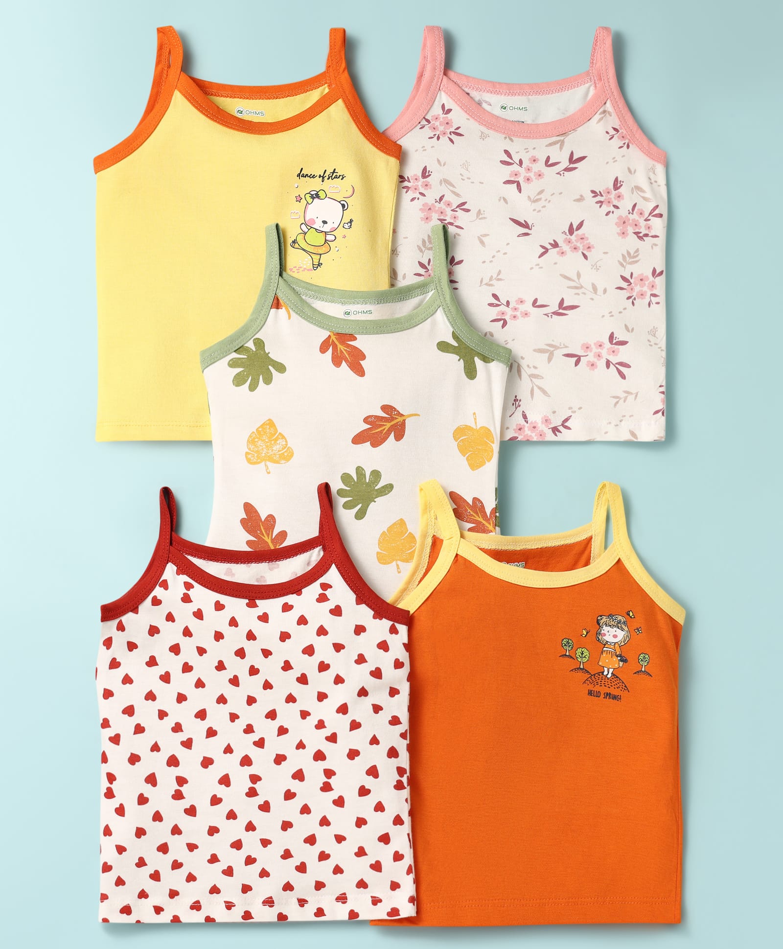 OHMS Single Jersey Knit Singlet Sleeves Heart & Leaf Printed Slips Pack of 5 - Multicolor-image-42