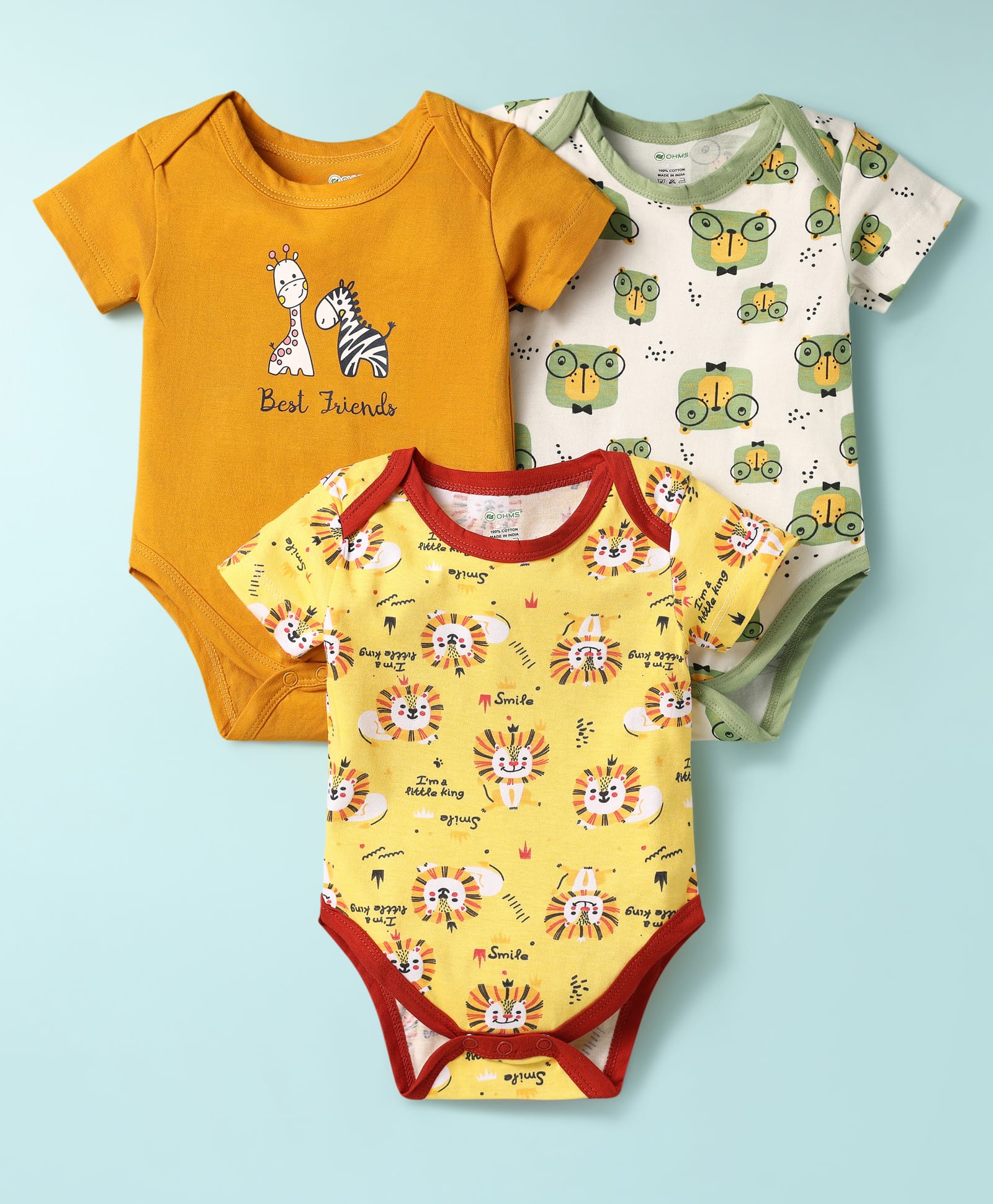 OHMS Single Jersey Knit Half Sleeves Onesies With Animal Print Pack Of 3 - White & Yellow-image-9