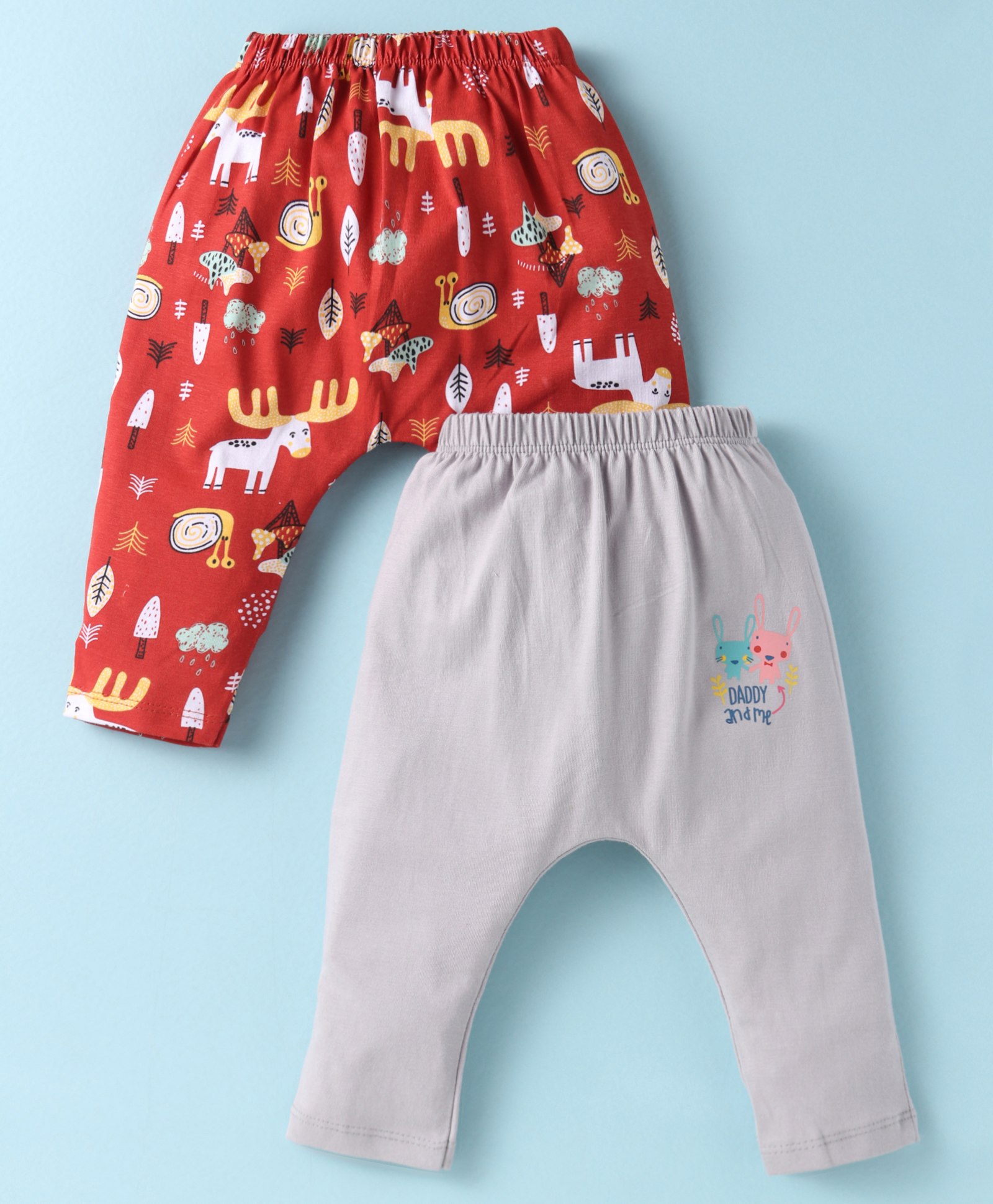 OHMS Single Jersey Knit Full Length Diaper Leggings With Bird & Floral Print Pack of 2 - White & Light Blue-image-36