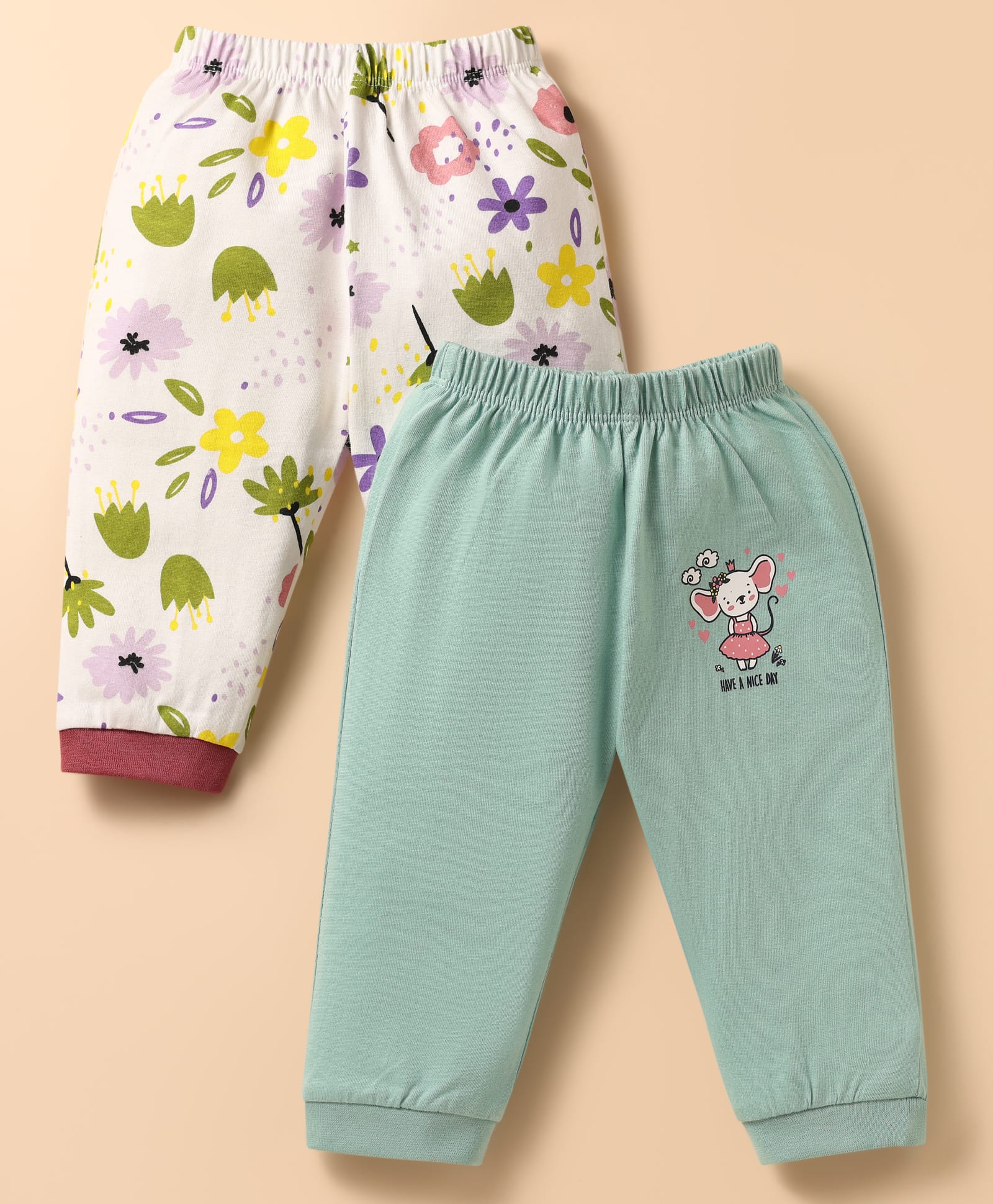 OHMS Single Jersey Knit Full Length Lounge Pant with Floral Print Pack of 2 - White & Mint-picture-24
