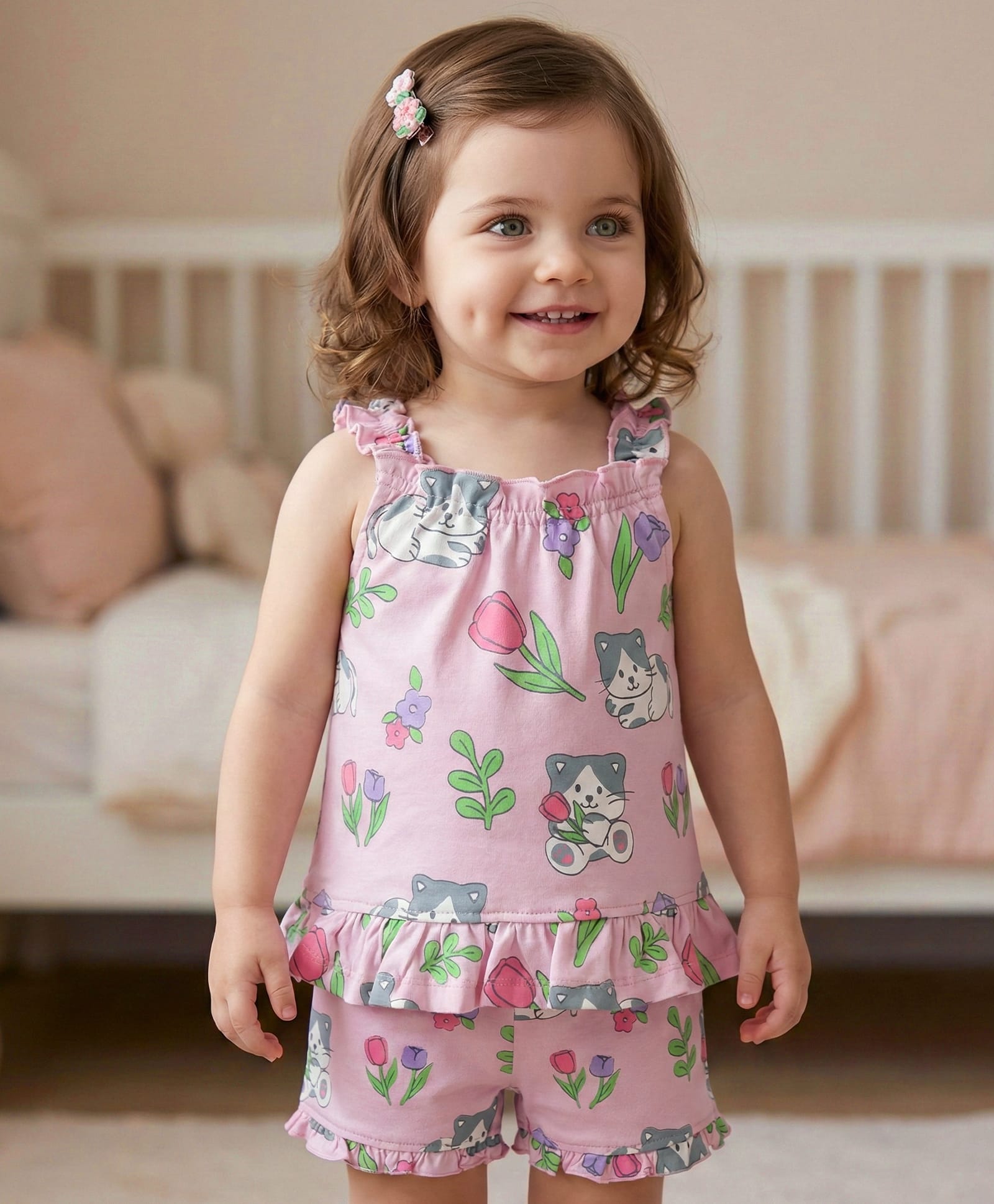 Babyoye 100% Cotton Knit Sleeveless Co-ords Shorts Night Suit with Kitty Print - Pink-image-29