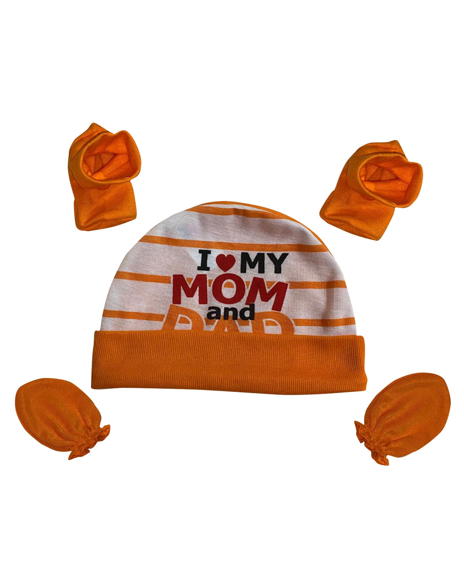 Akinos Kids Cotton I Love My Mom And Dad Text Printed Cap With Mittens & Booties Set - Orange-image-14